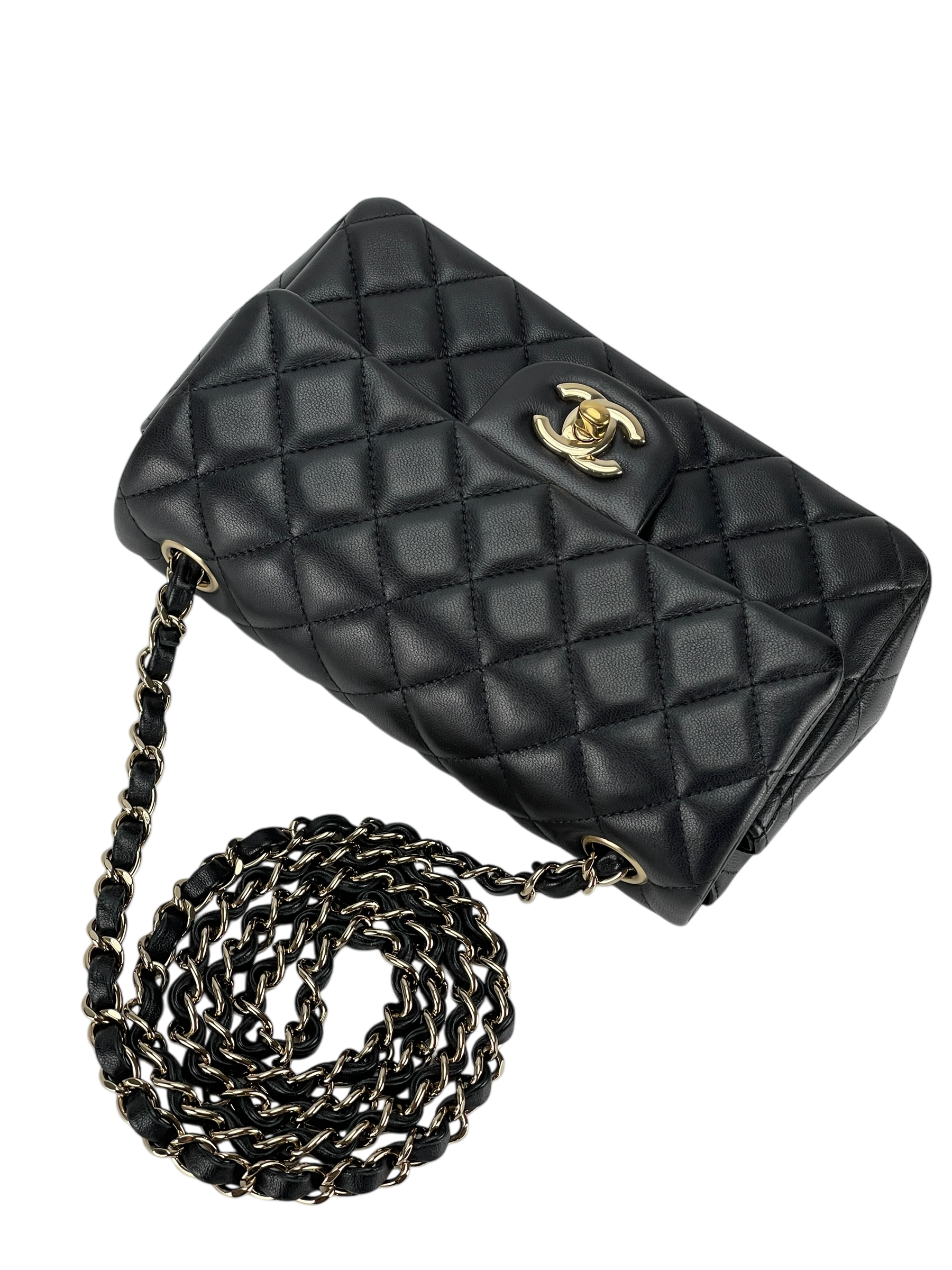 CHANEL - Mini Matlasse 20 Lambskin Single Flap Chain Bag Black Gold Hardware
