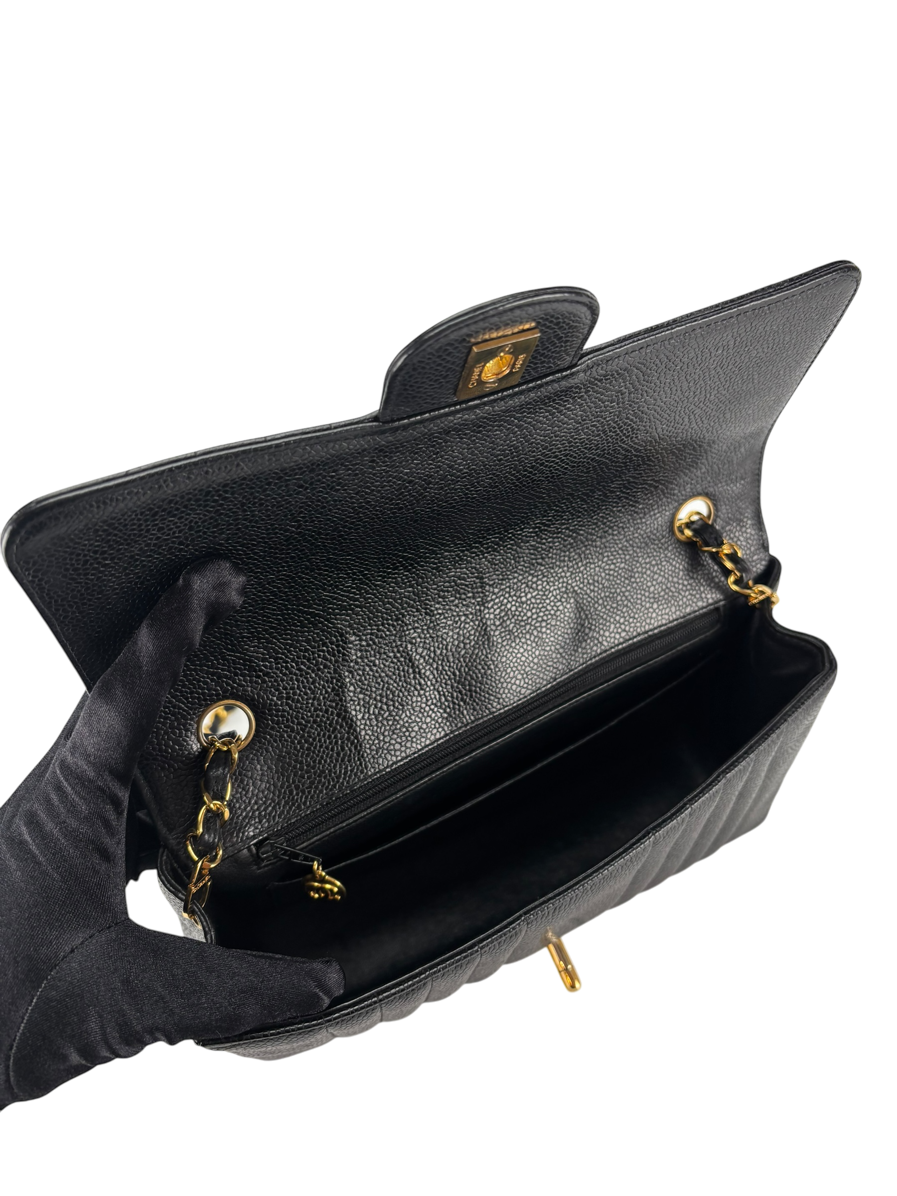 CHANEL - Black Caviar Skin Mademoiselle Chain Shoulder Bag