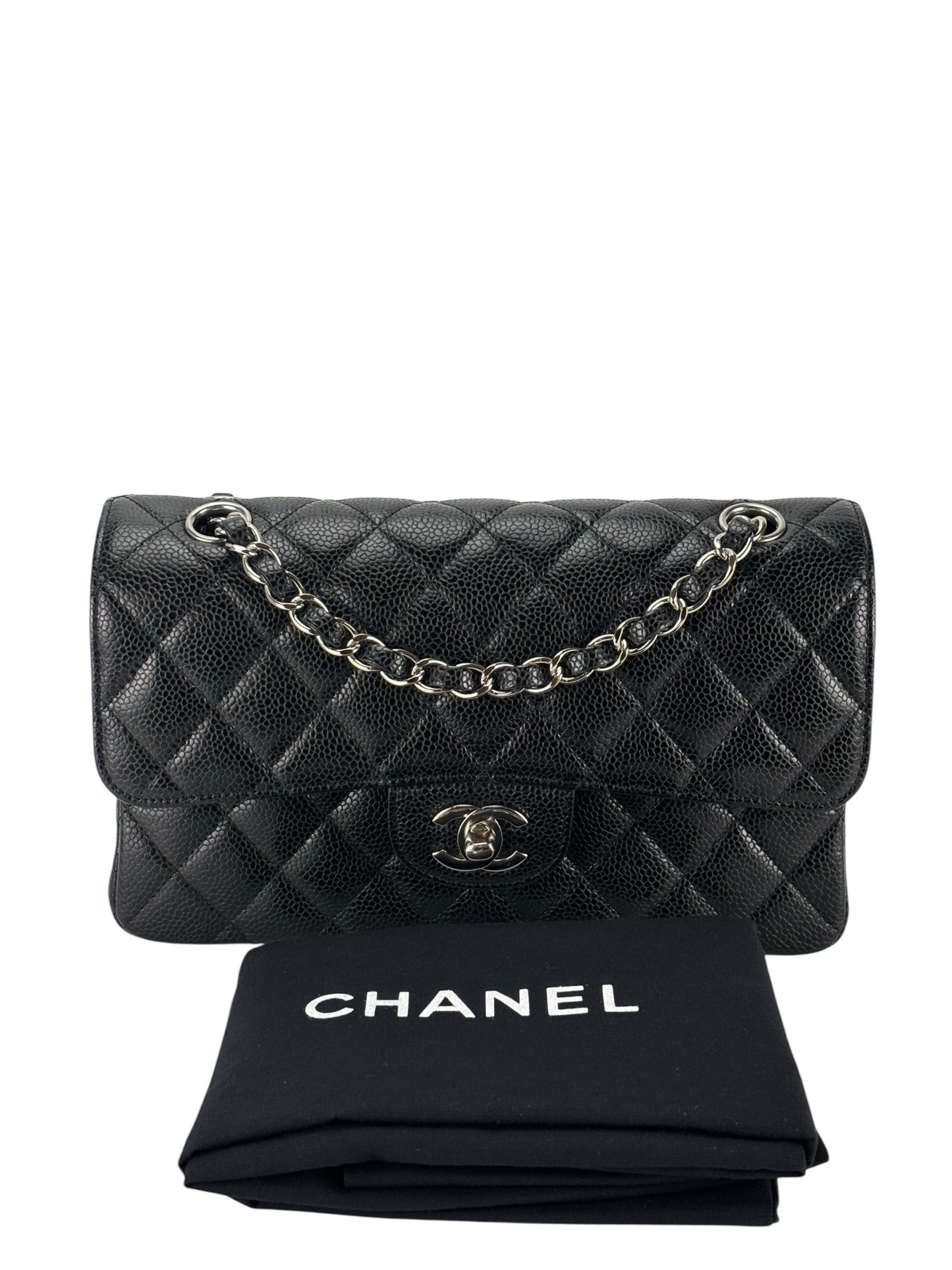 CHANEL - Small Classic Double Flap Bag Black Caviar Sliver Hardware (CF23)