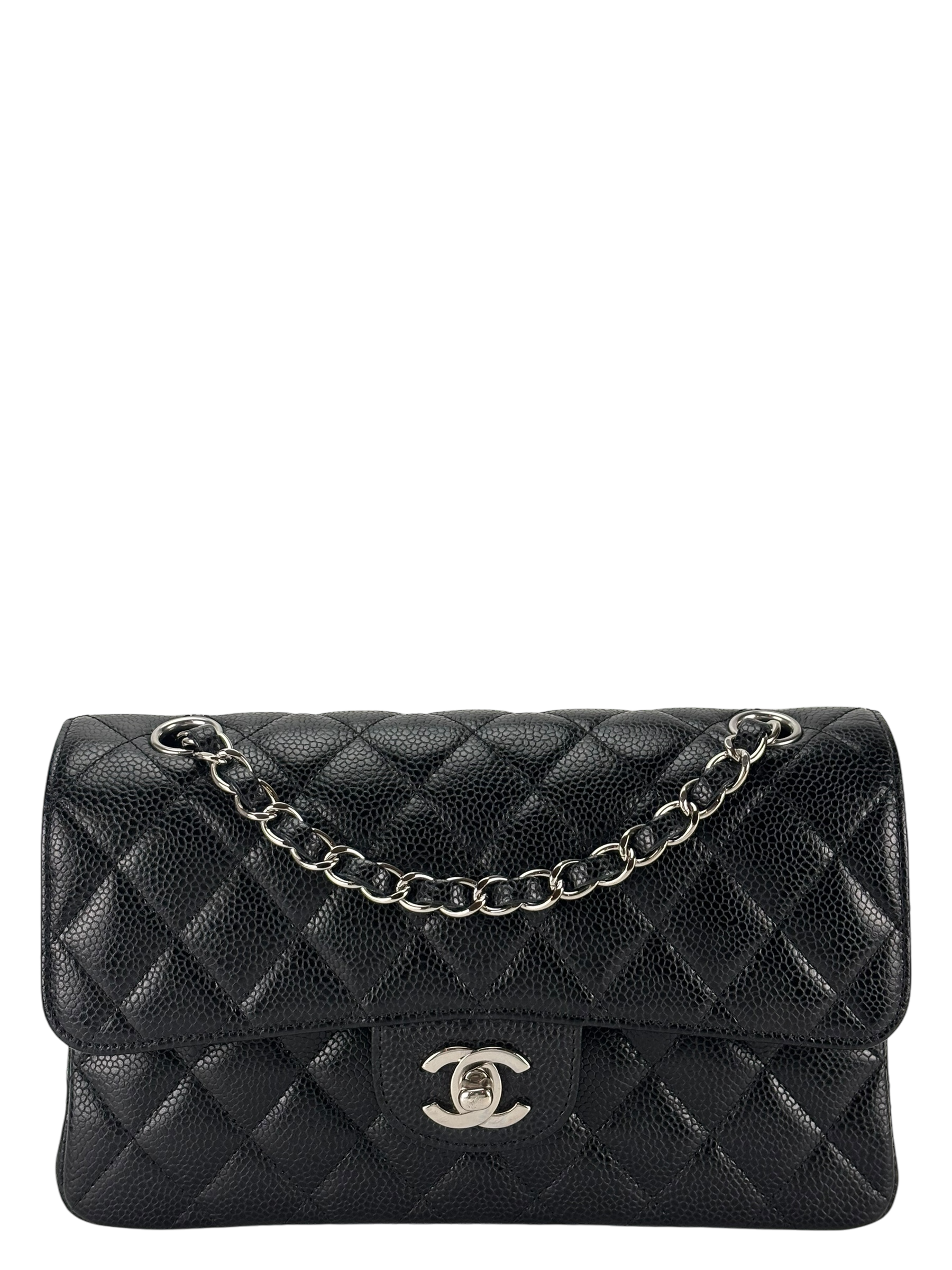 CHANEL - Small Classic Double Flap Bag Black Caviar Sliver Hardware (CF23)