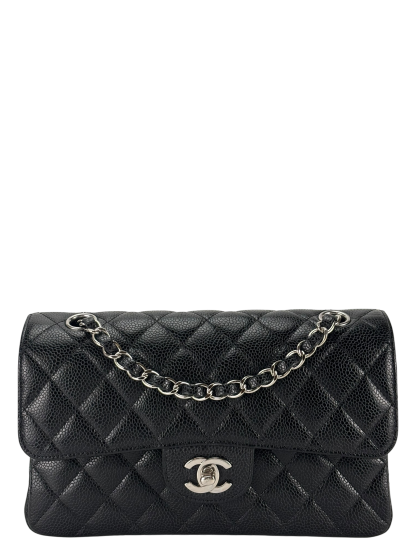 CHANEL - Small Classic Double Flap Bag Black Caviar Sliver Hardware (CF23)