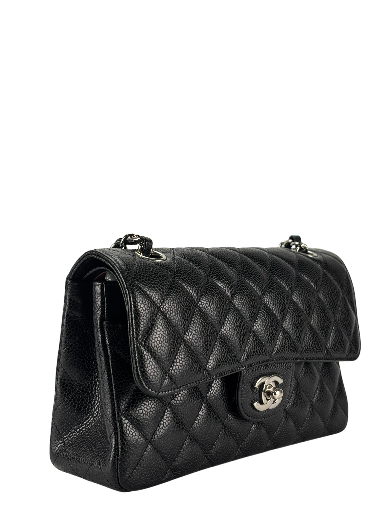 CHANEL - Small Classic Double Flap Bag Black Caviar Sliver Hardware (CF23)