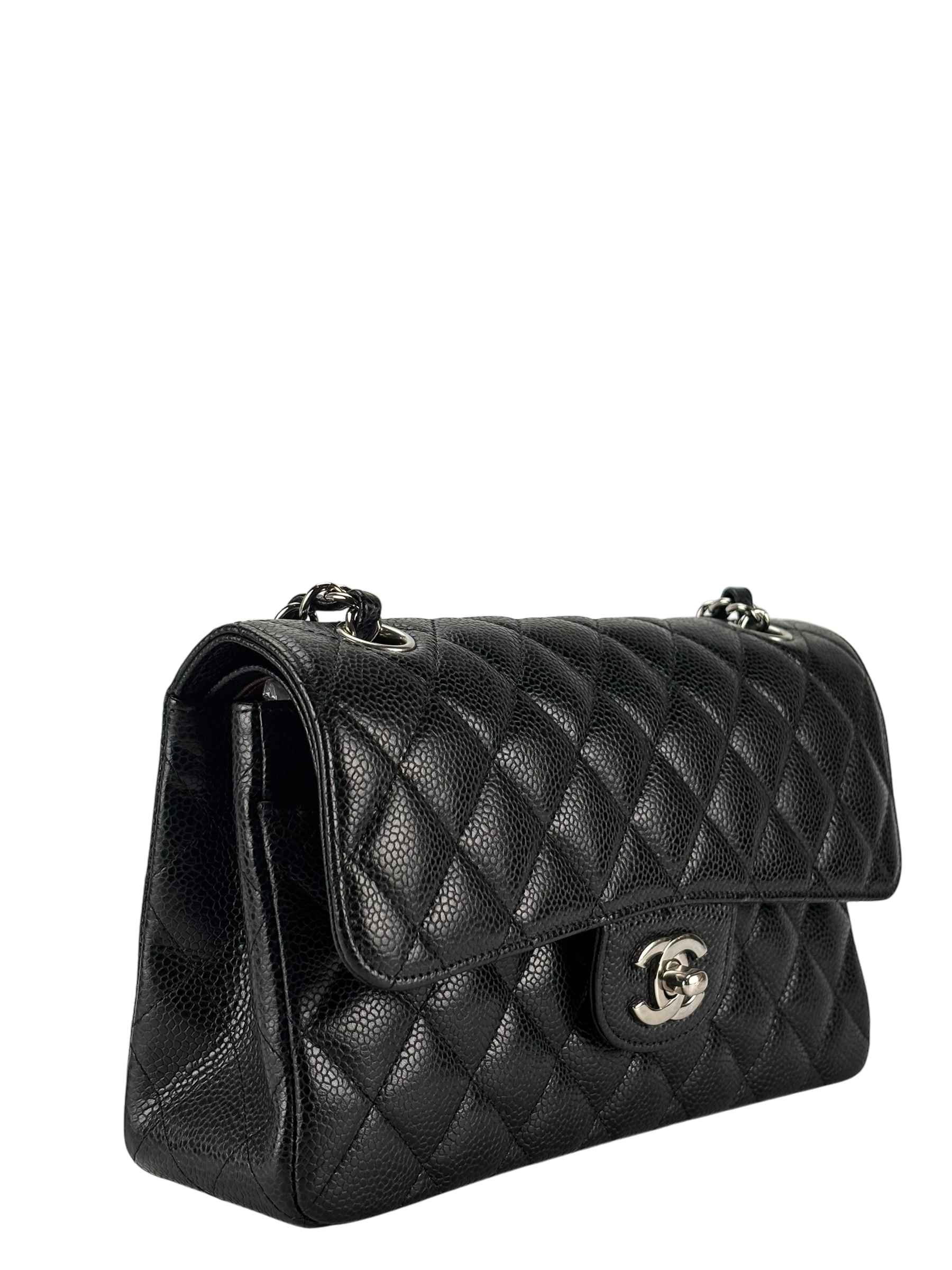 CHANEL - Small Classic Double Flap Bag Black Caviar Sliver Hardware (CF23)