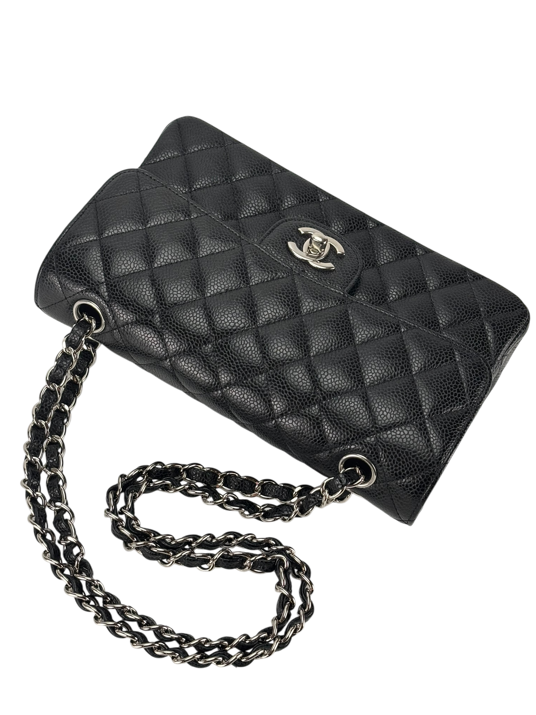 CHANEL - Small Classic Double Flap Bag Black Caviar Sliver Hardware (CF23)