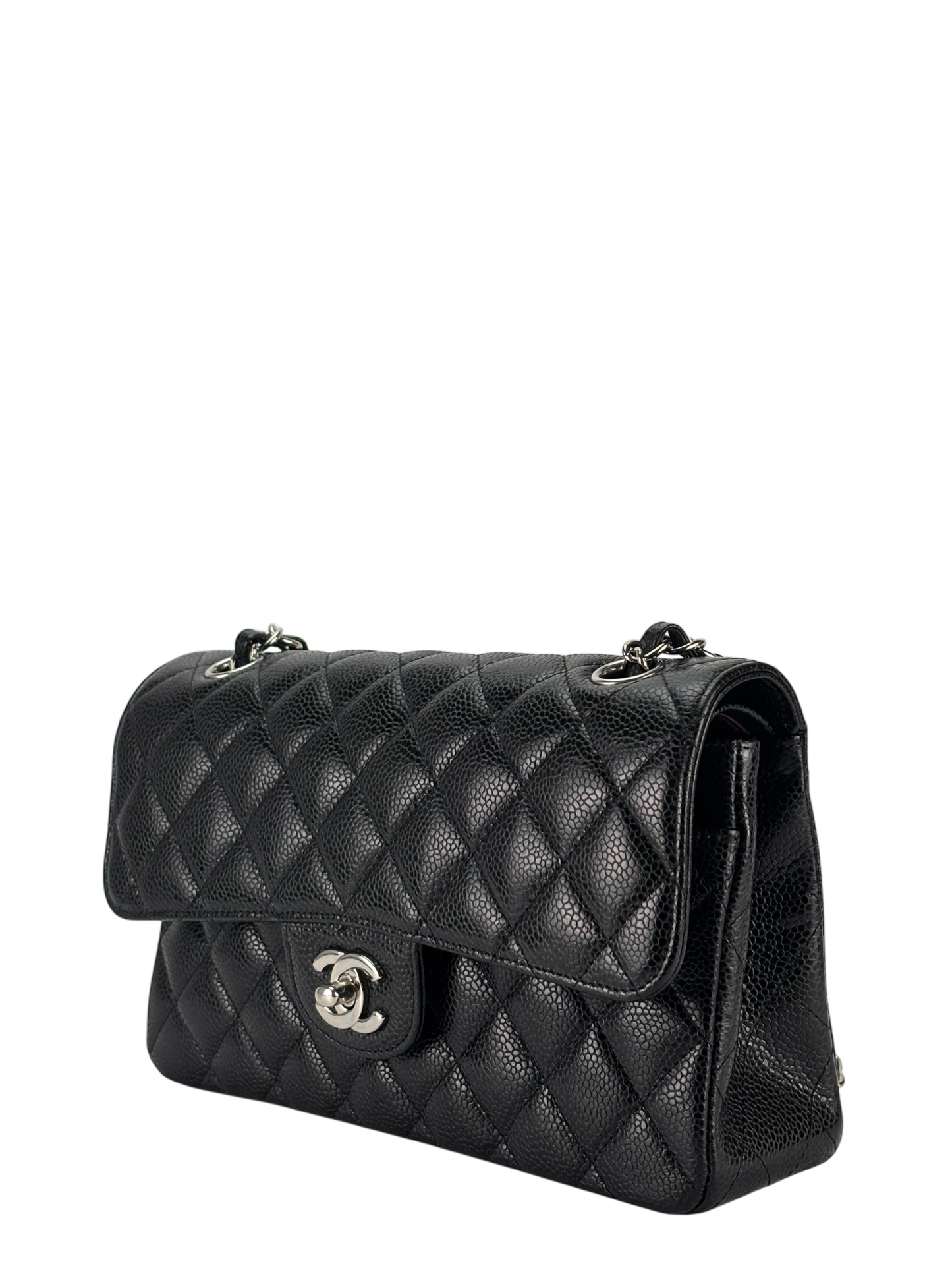CHANEL - Small Classic Double Flap Bag Black Caviar Sliver Hardware (CF23)