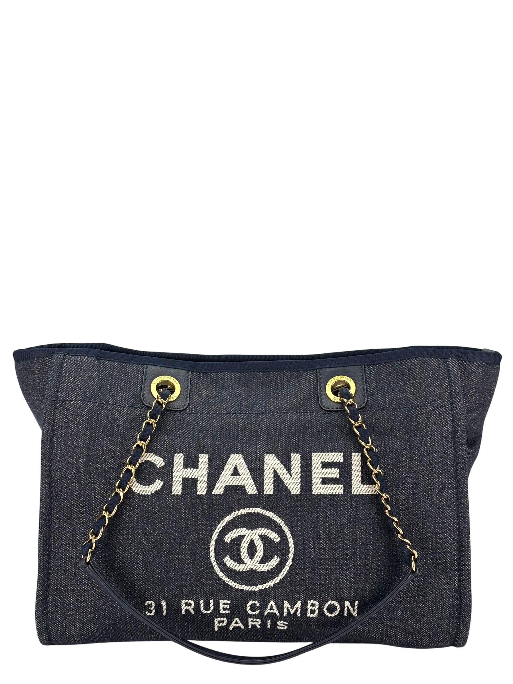 CHANEL -  Navy Blue Denim Deauville Tote MM Gold Hardware