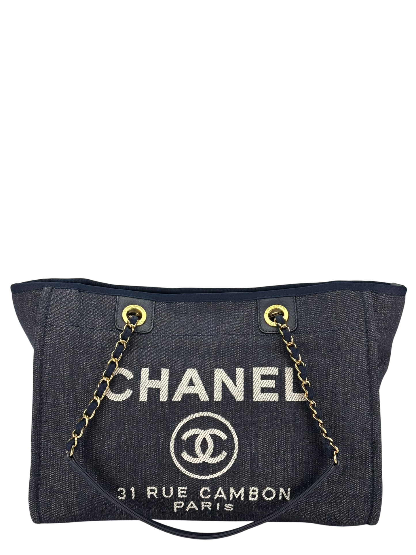 CHANEL - Navy Blue Denim Deauville Tote MM Gold Hardware