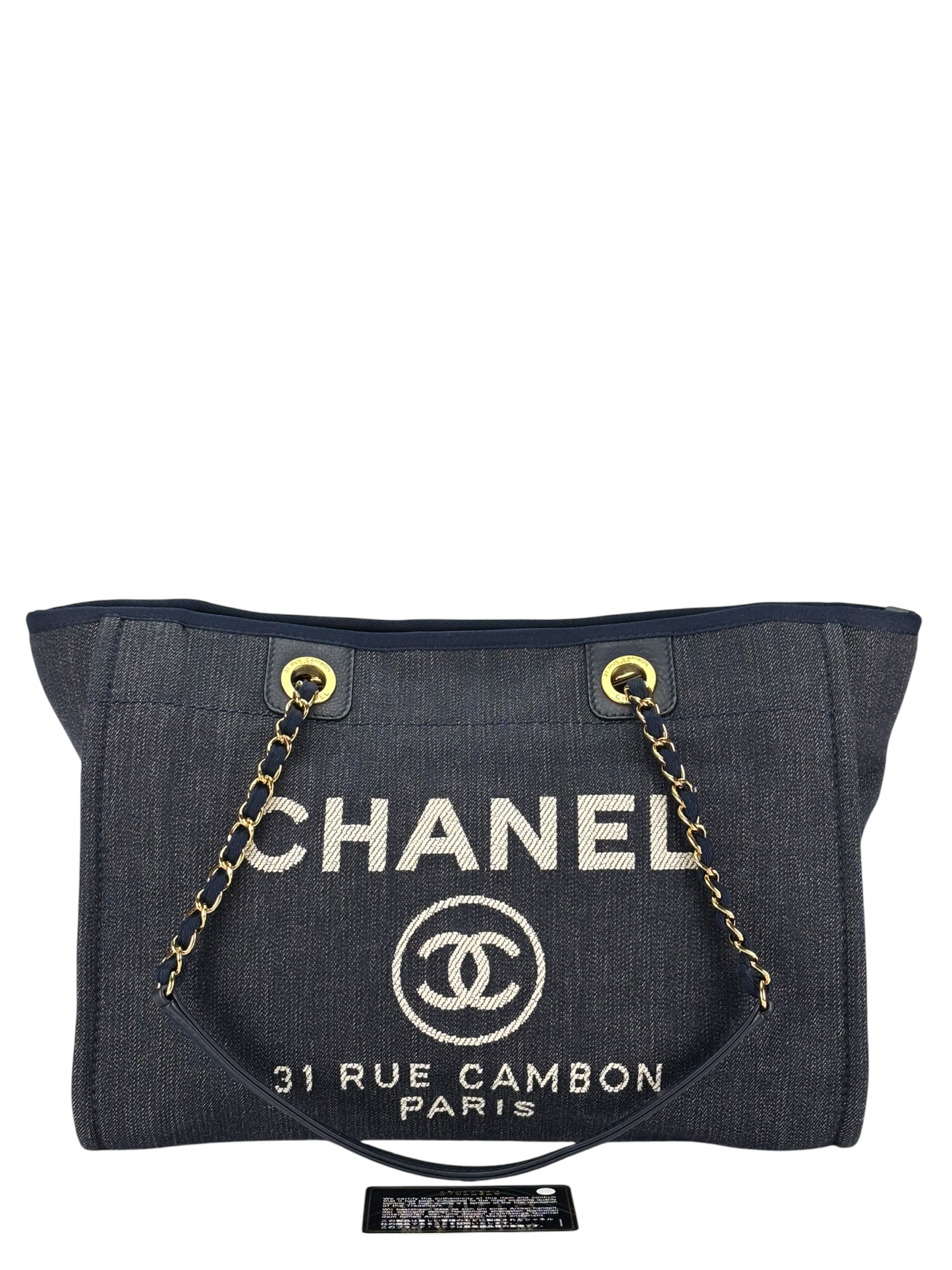 CHANEL - Navy Blue Denim Deauville Tote MM Gold Hardware