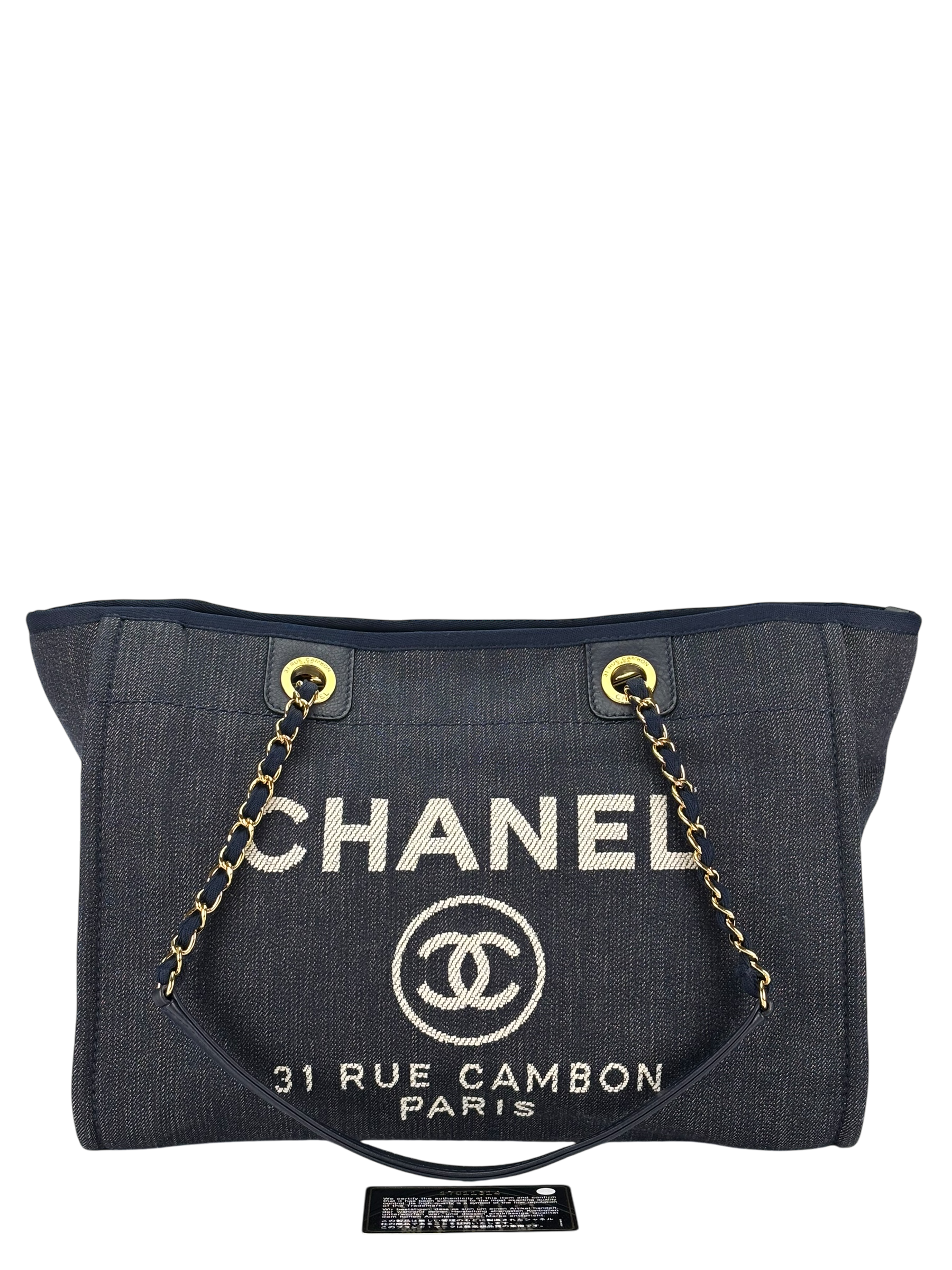 CHANEL - Navy Blue Denim Deauville Tote MM Gold Hardware