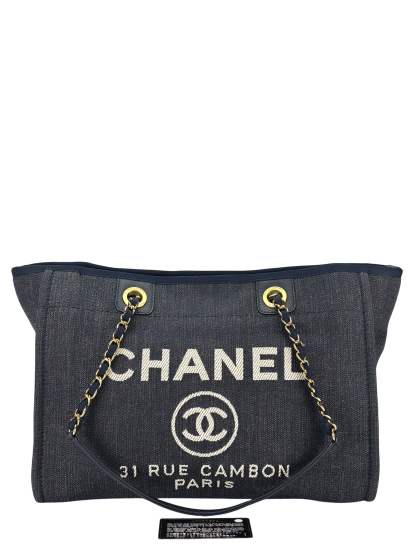 CHANEL -  Navy Blue Denim Deauville Tote MM Gold Hardware