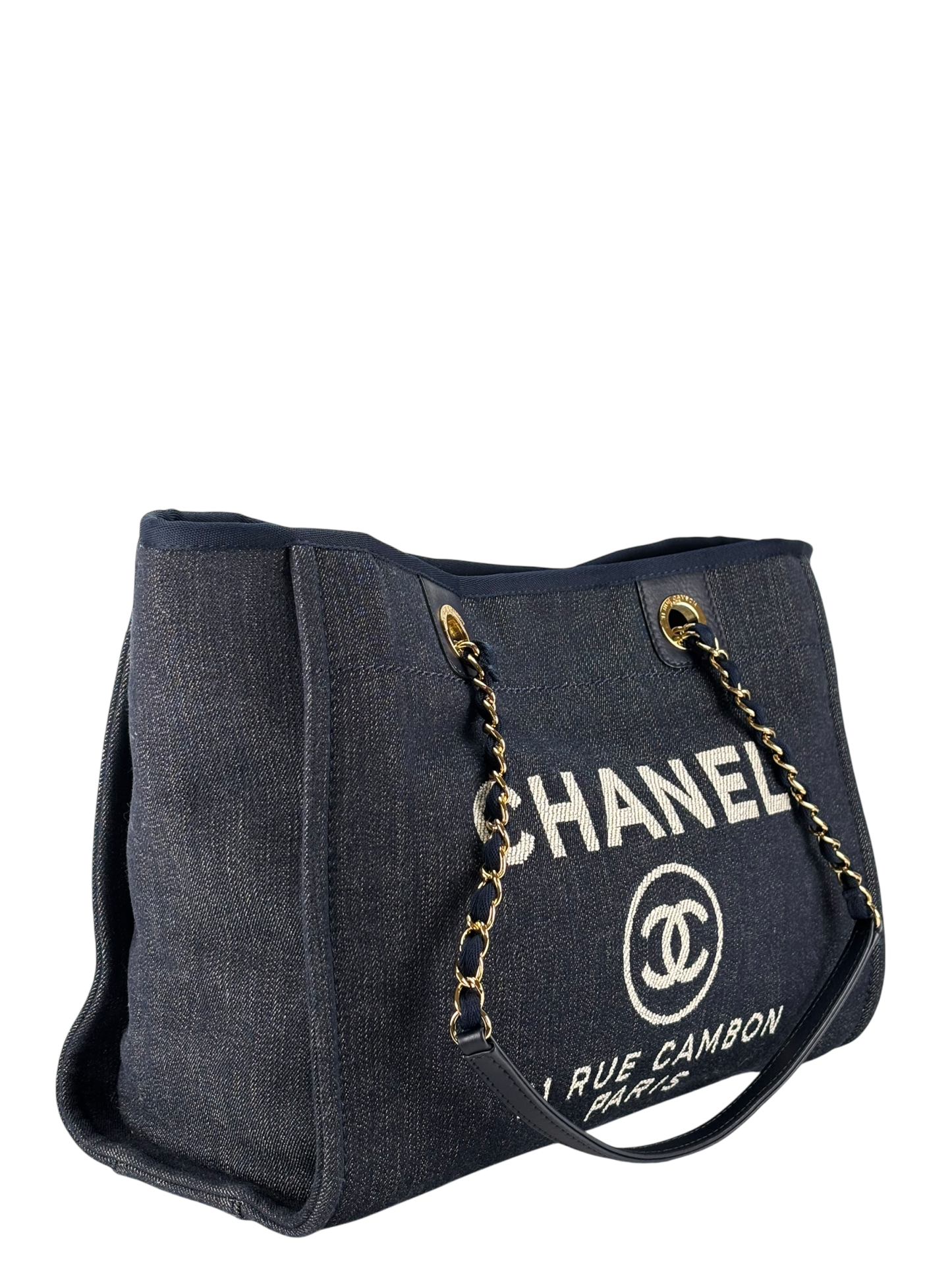 CHANEL - Navy Blue Denim Deauville Tote MM Gold Hardware