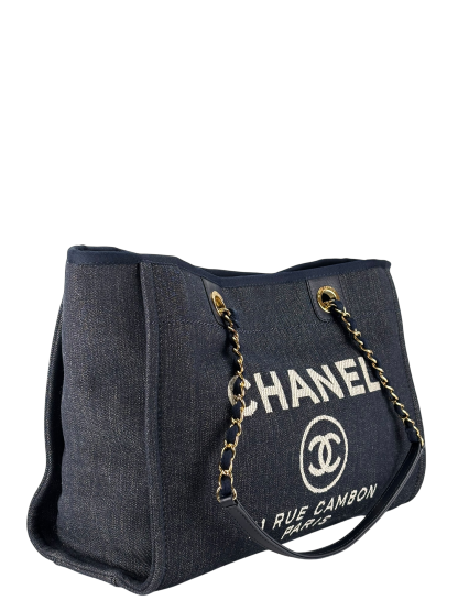 CHANEL -  Navy Blue Denim Deauville Tote MM Gold Hardware
