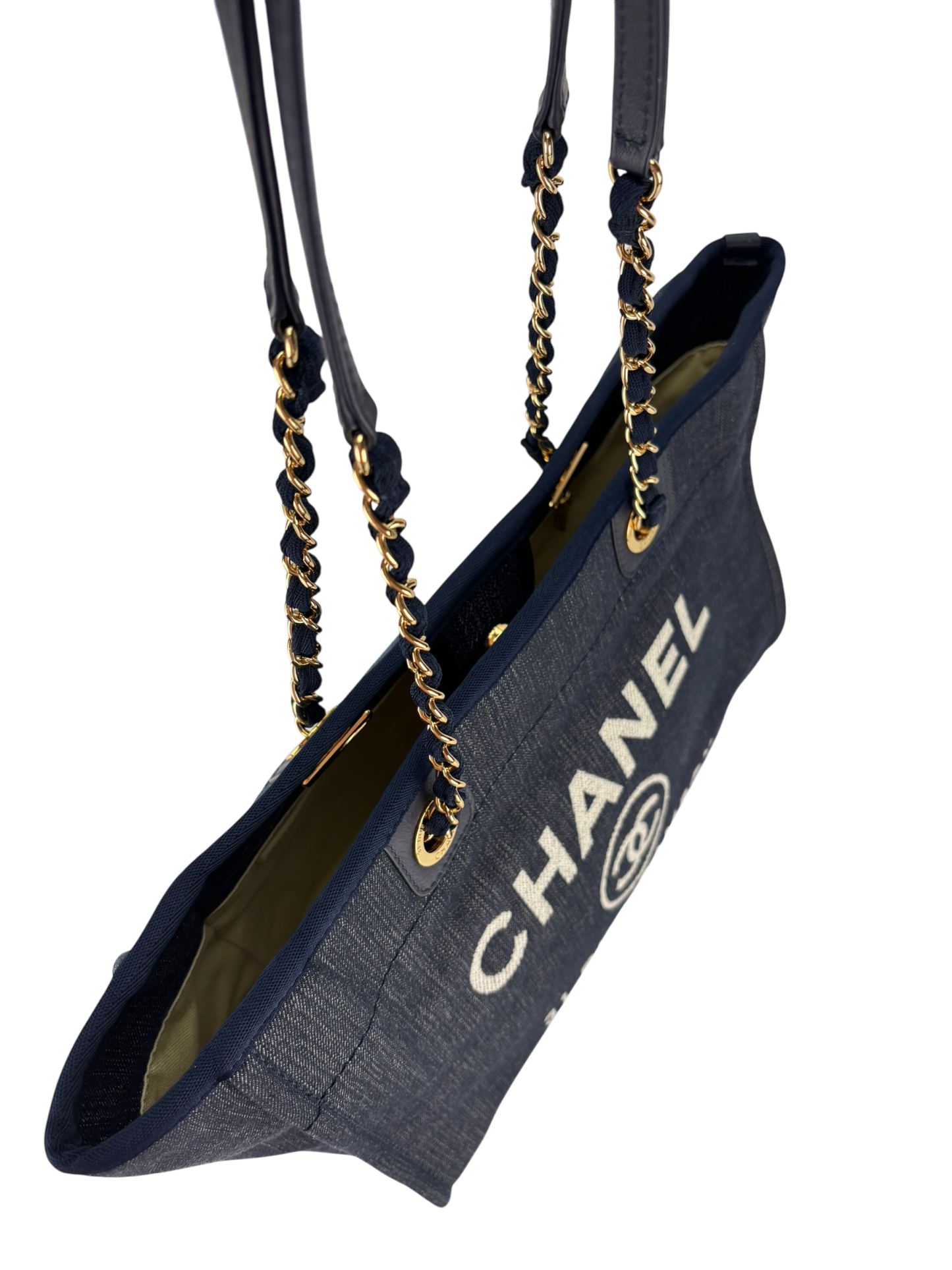 CHANEL - Navy Blue Denim Deauville Tote MM Gold Hardware