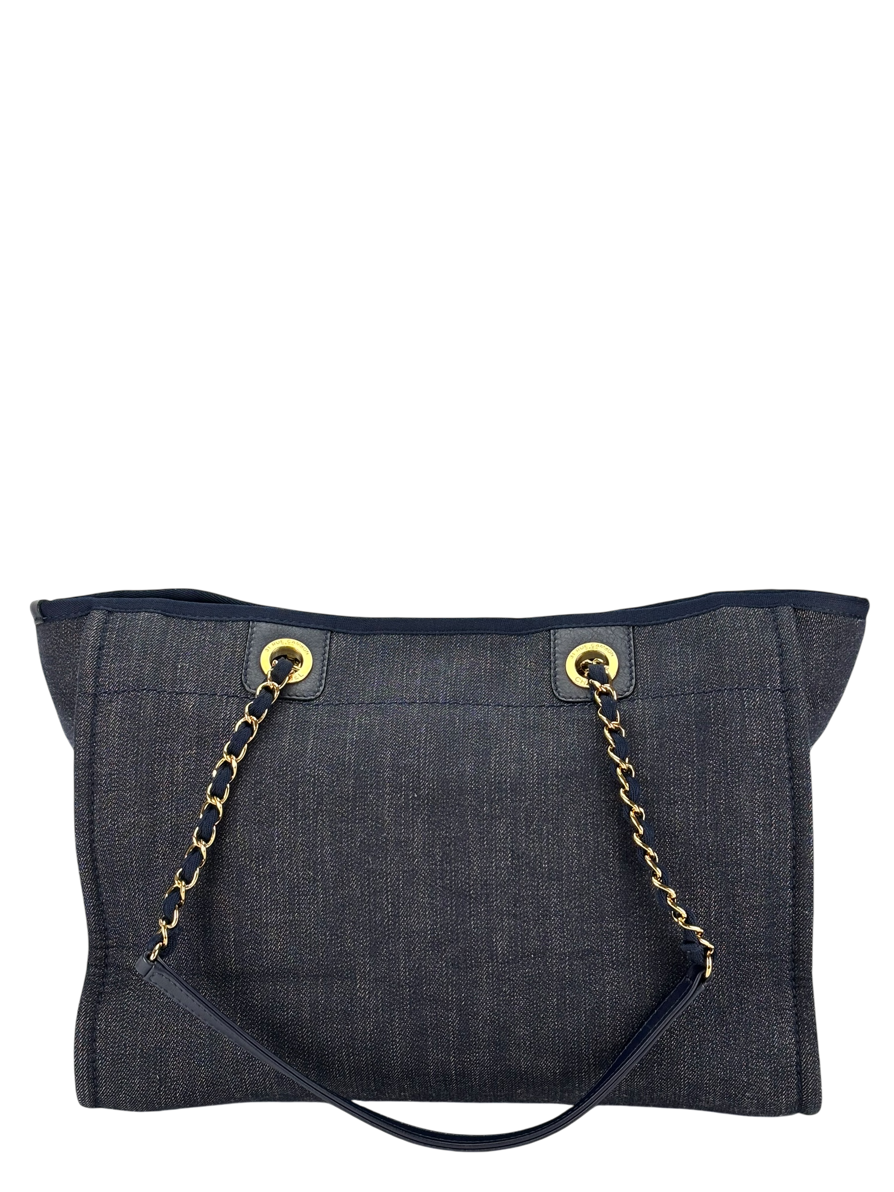 CHANEL -  Navy Blue Denim Deauville Tote MM Gold Hardware