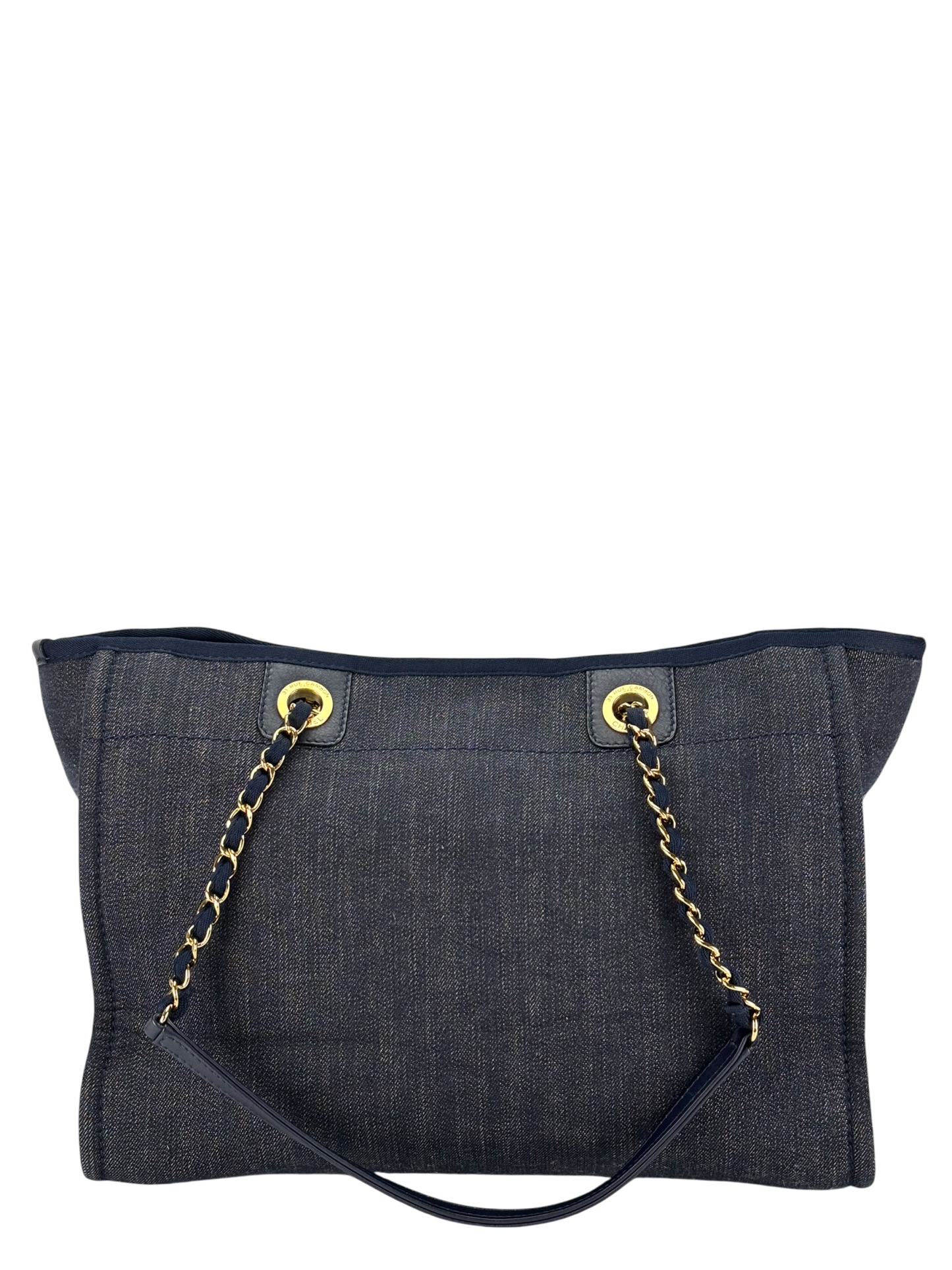 CHANEL - Navy Blue Denim Deauville Tote MM Gold Hardware