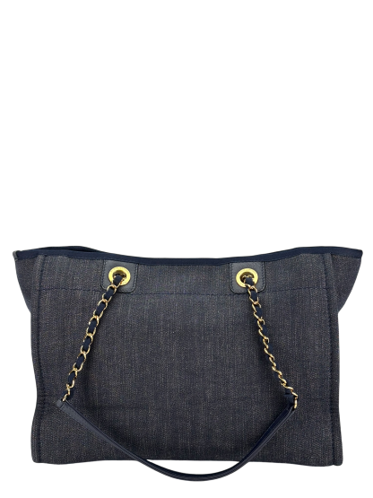 CHANEL -  Navy Blue Denim Deauville Tote MM Gold Hardware