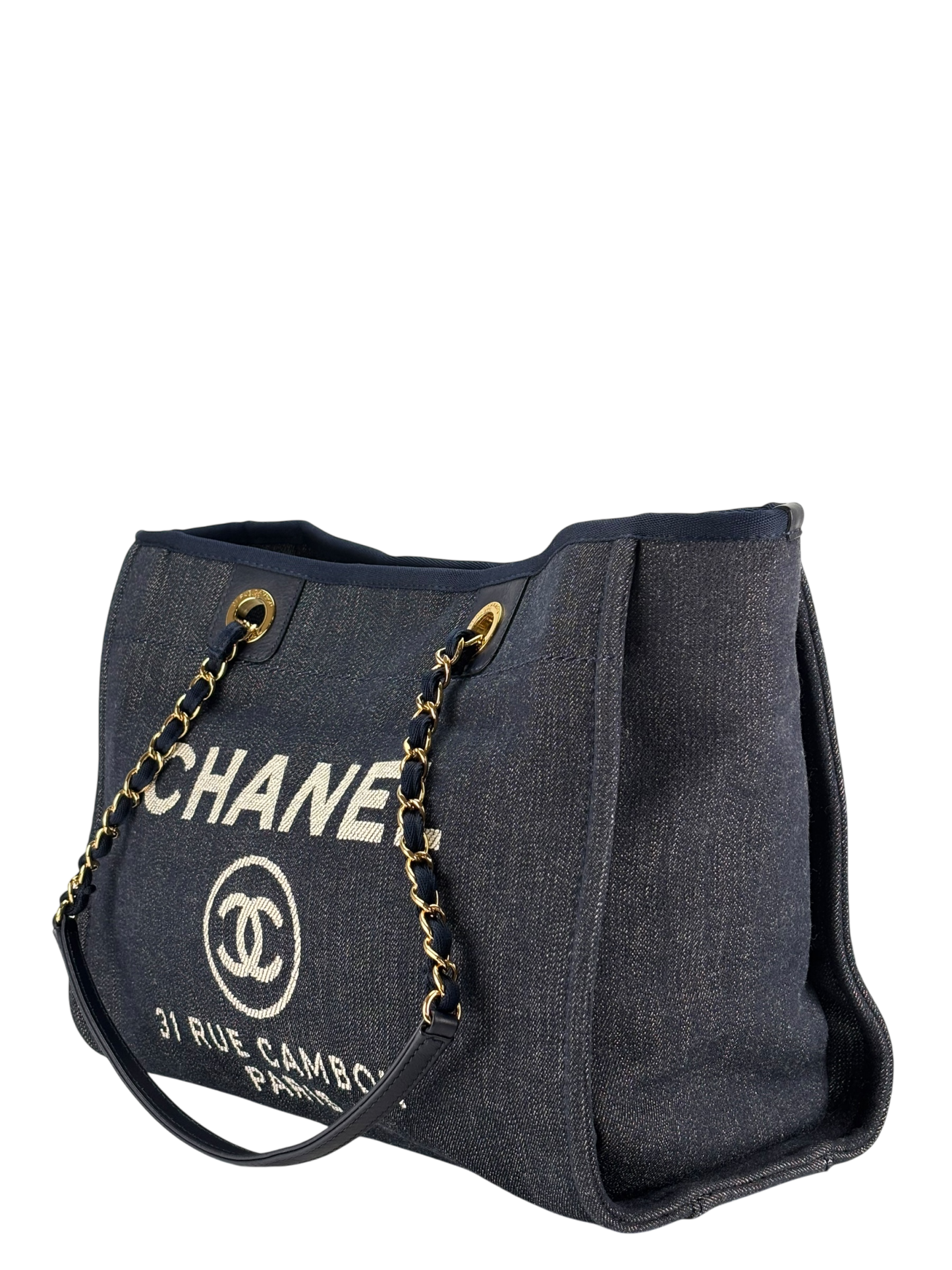 CHANEL - Navy Blue Denim Deauville Tote MM Gold Hardware