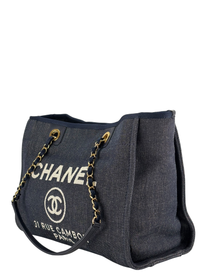 CHANEL -  Navy Blue Denim Deauville Tote MM Gold Hardware