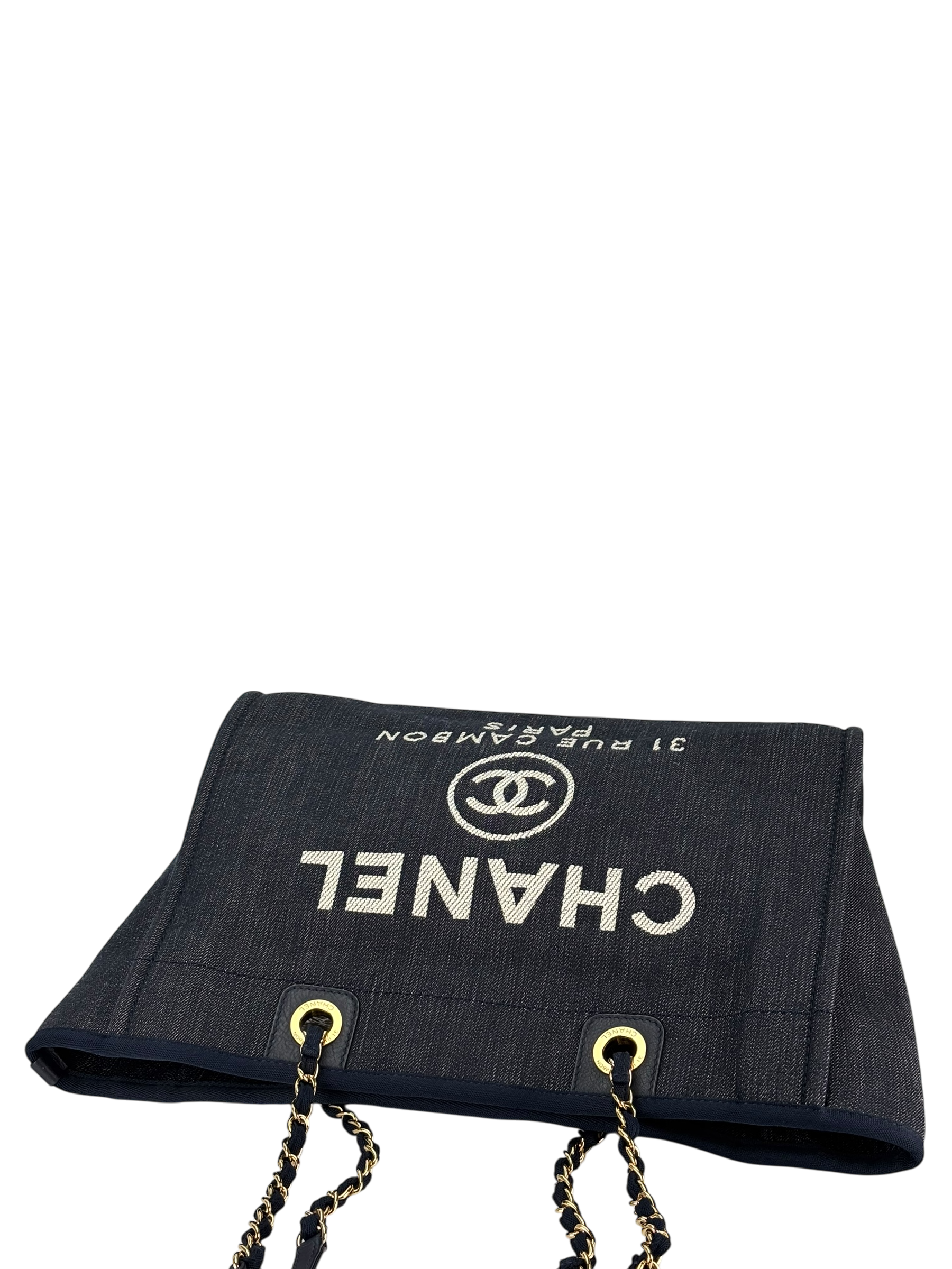 CHANEL - Navy Blue Denim Deauville Tote MM Gold Hardware