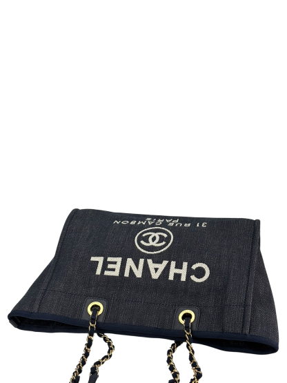 CHANEL -  Navy Blue Denim Deauville Tote MM Gold Hardware