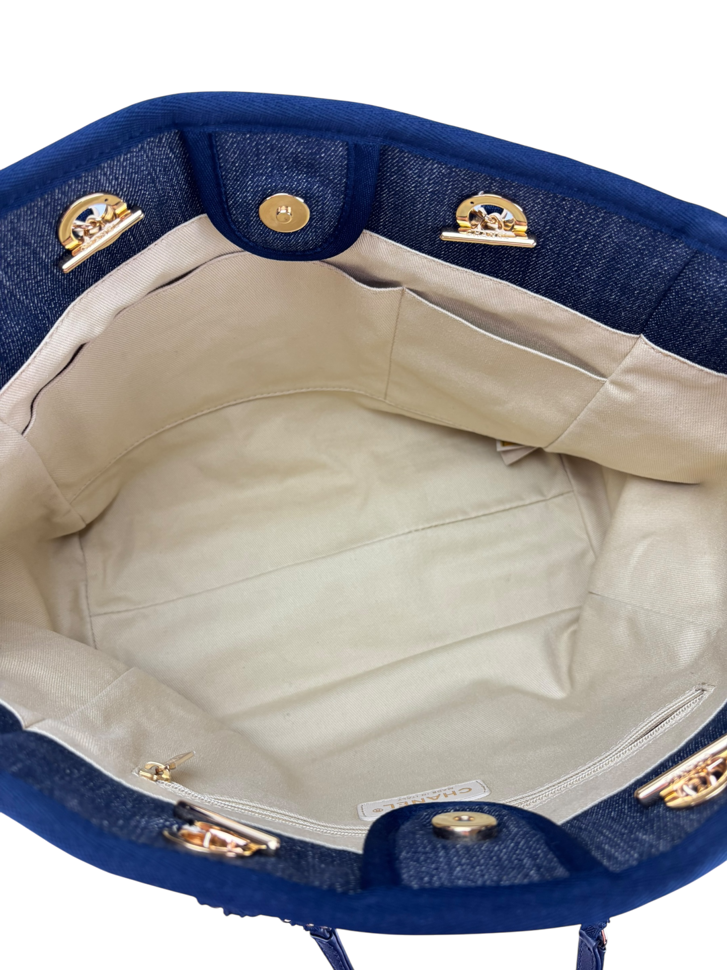 CHANEL - Navy Blue Denim Deauville Tote MM Gold Hardware