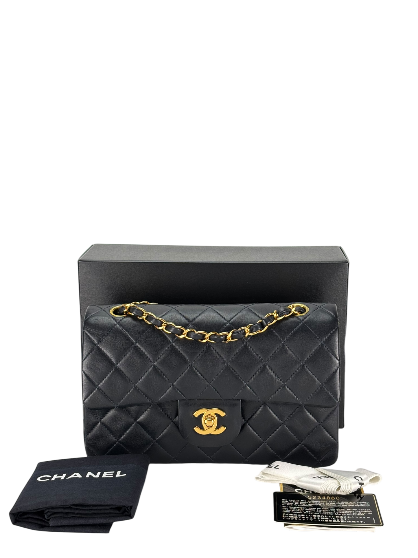 CHANEL - Small Classic Double Flap Bag Navy Lambskin Gold Hardware (CF23)