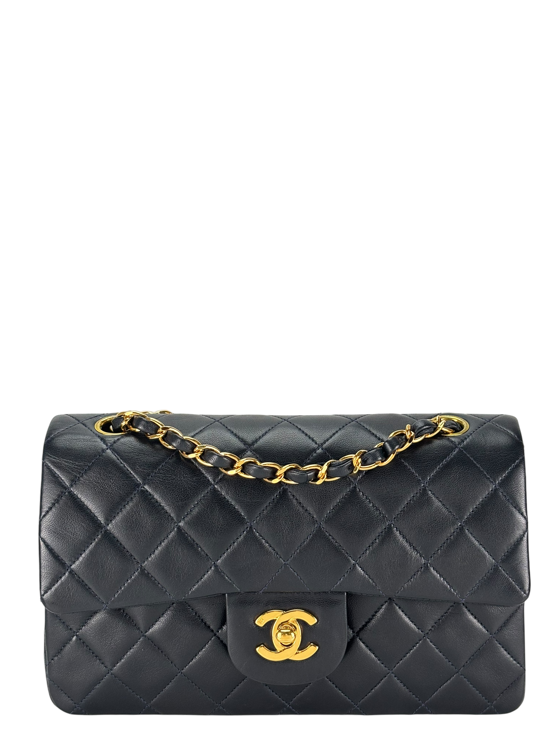 CHANEL - Small Classic Double Flap Bag Navy Lambskin Gold Hardware (CF23)