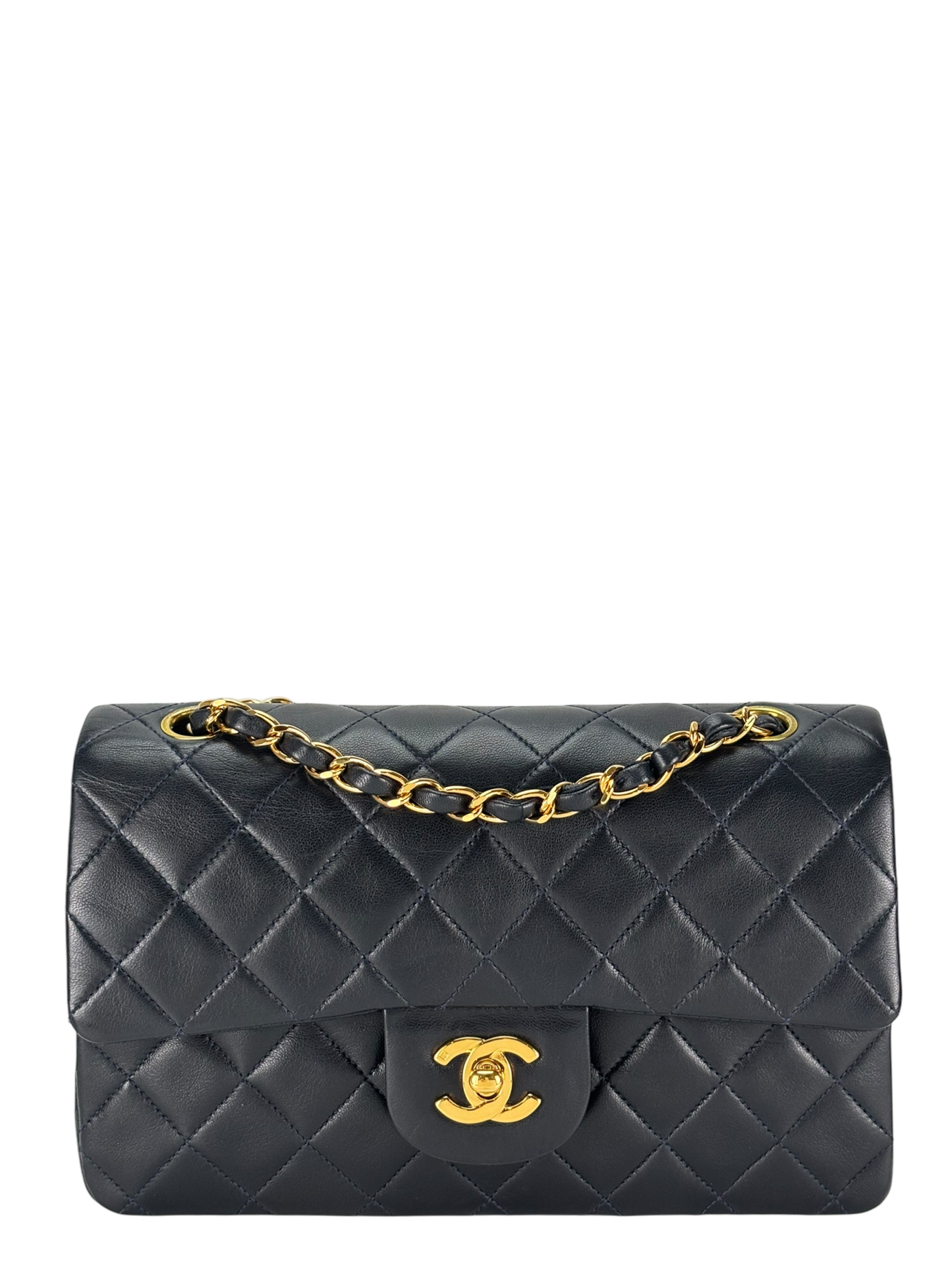 CHANEL - Small Classic Double Flap Bag Navy Lambskin Gold Hardware (CF23)