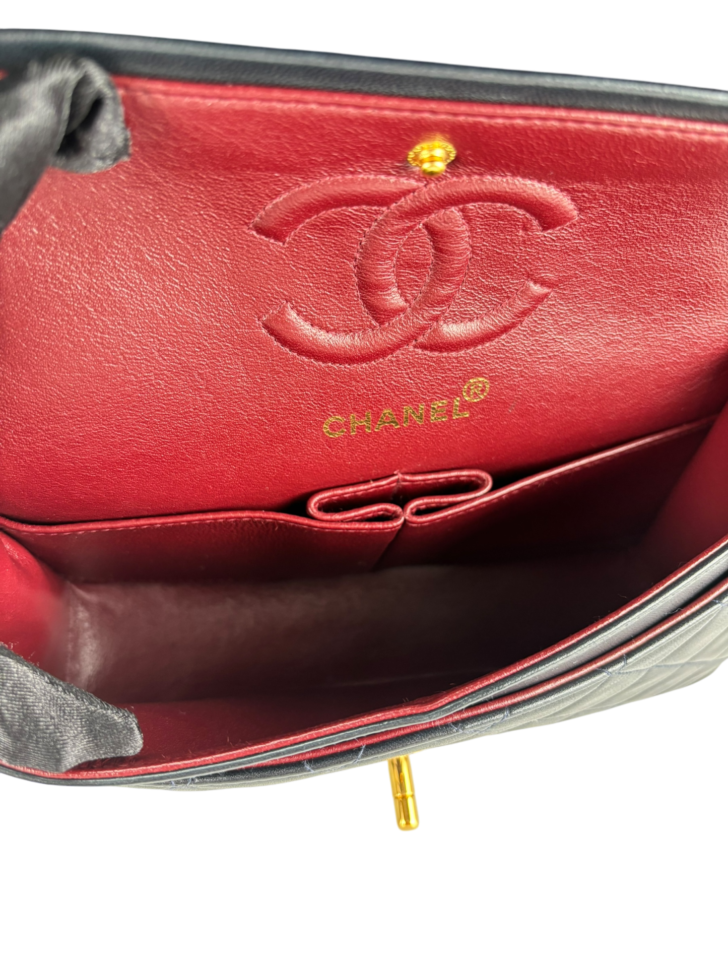 CHANEL - Small Classic Double Flap Bag Navy Lambskin Gold Hardware (CF23)