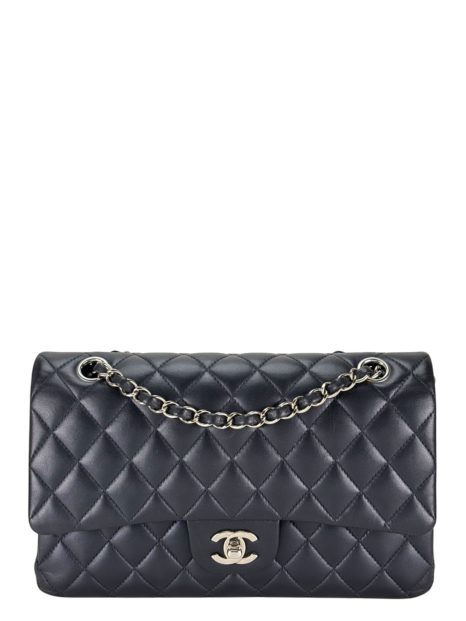CHANEL - Medium Classic Double Flap Bag Navy Lambskin Sliver Hardware (CF25)