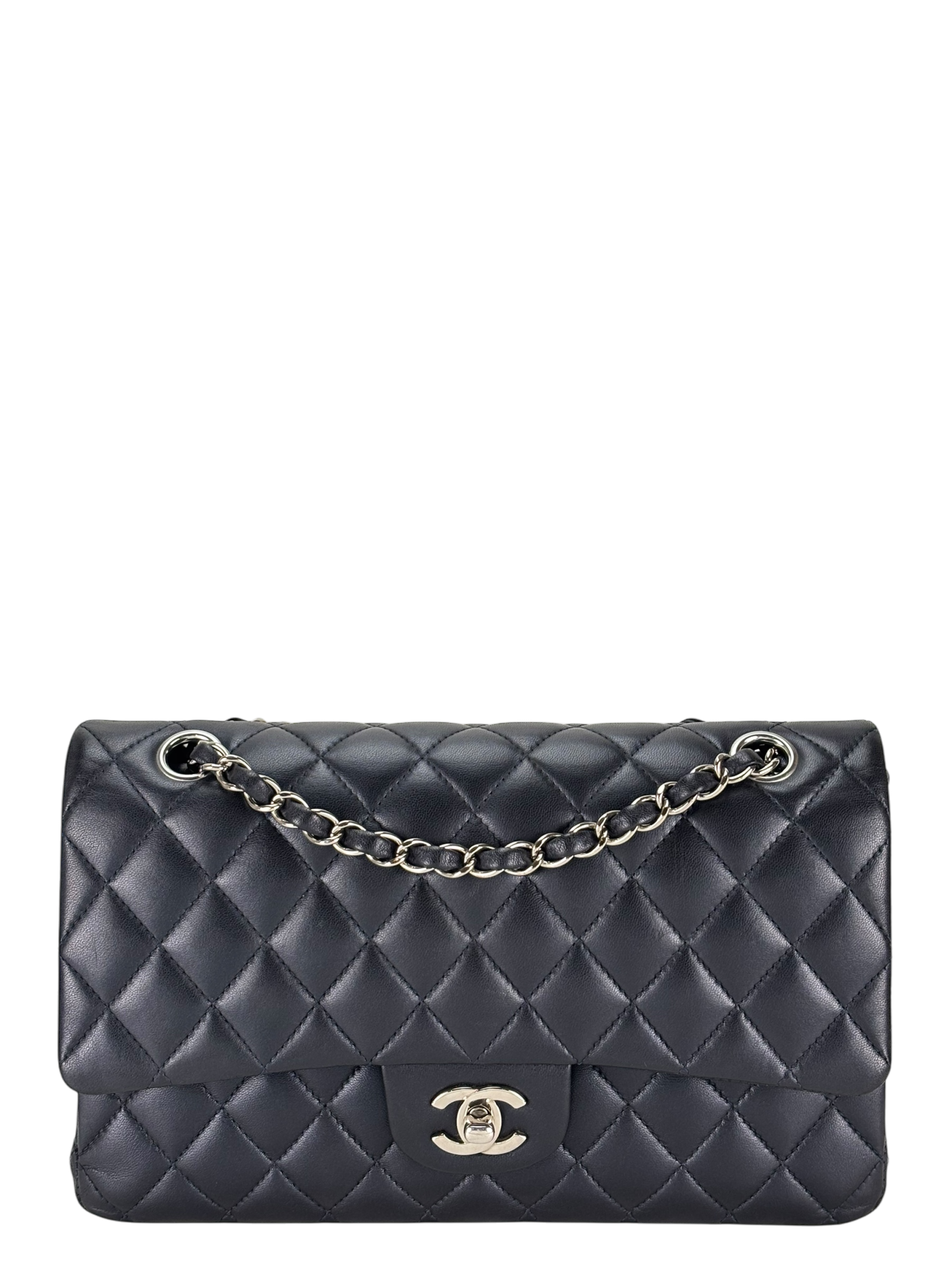 CHANEL - Medium Classic Double Flap Bag Navy Lambskin Sliver Hardware (CF25)