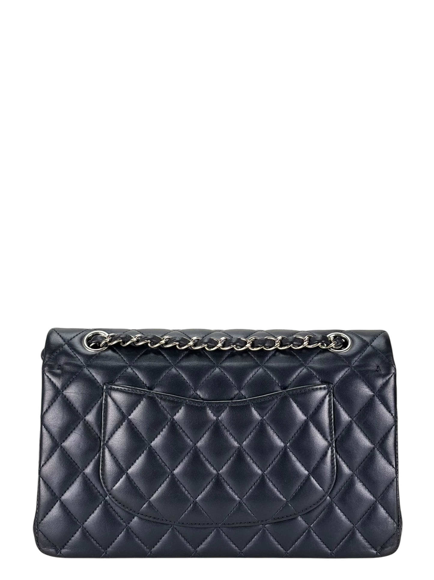 CHANEL - Medium Classic Double Flap Bag Navy Lambskin Sliver Hardware (CF25)