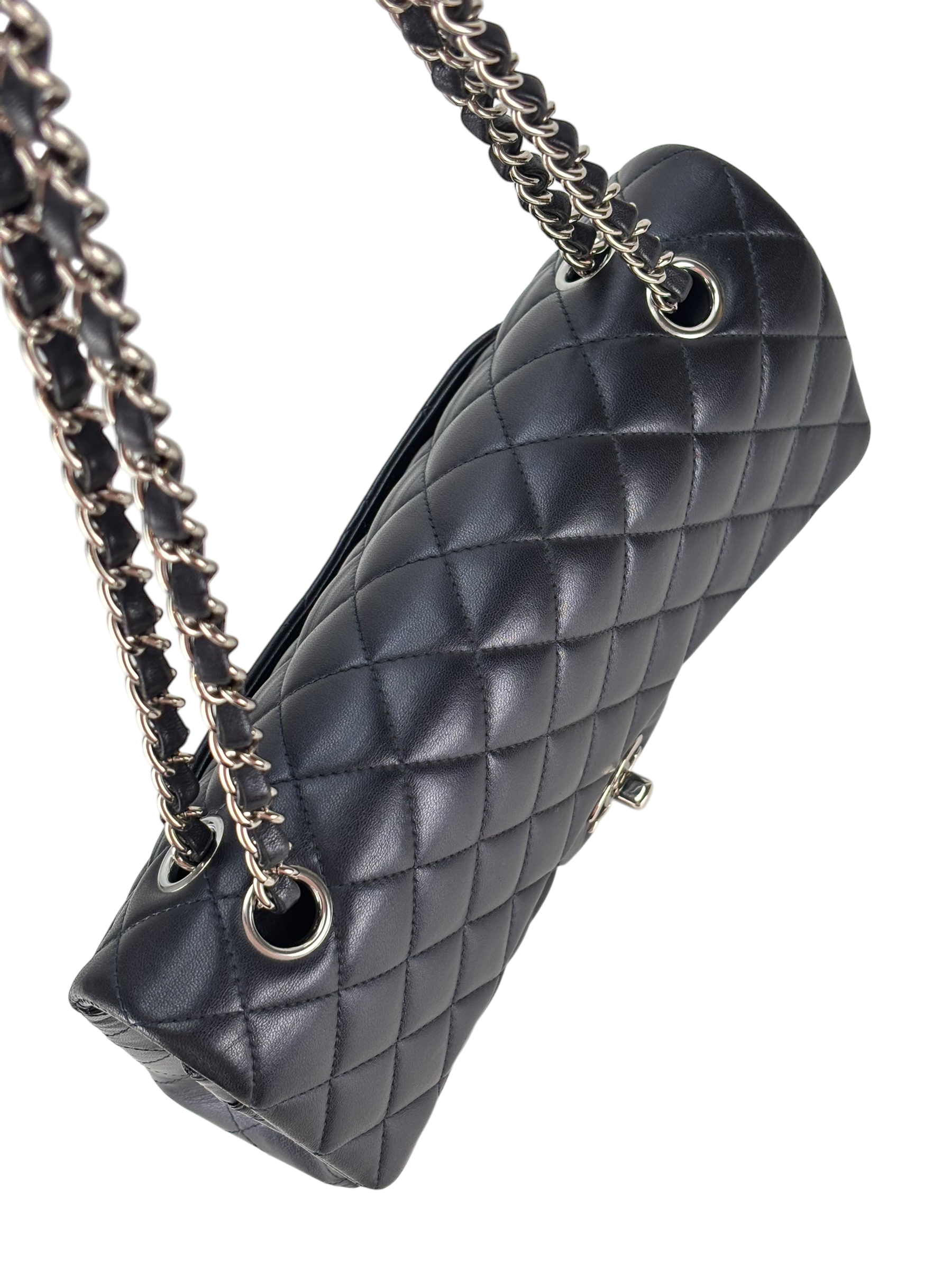 CHANEL - Medium Classic Double Flap Bag Navy Lambskin Sliver Hardware (CF25)