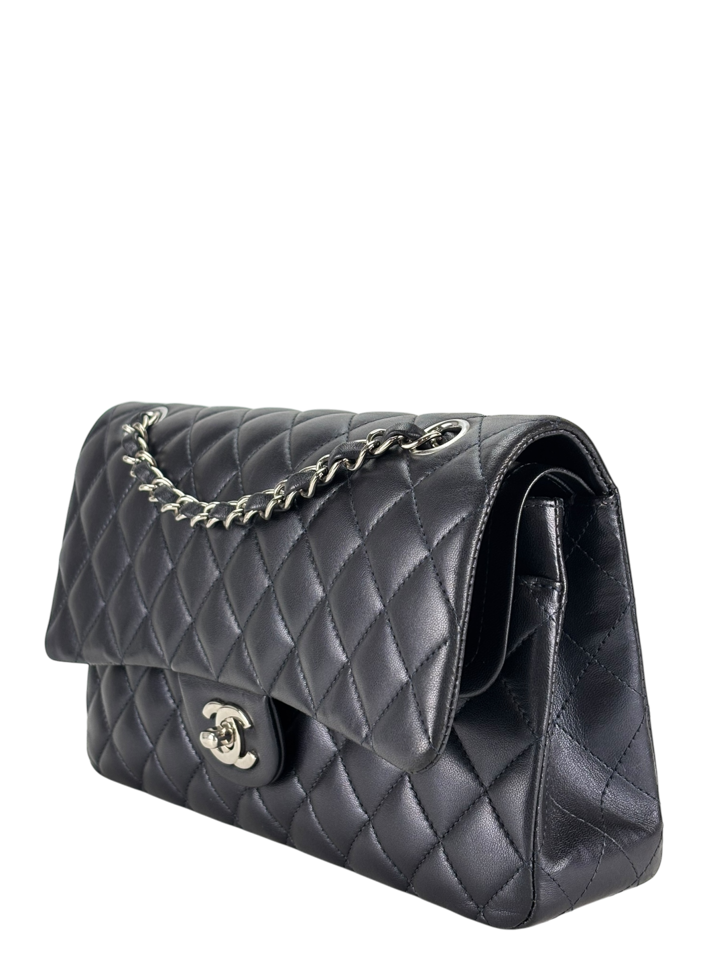 CHANEL - Medium Classic Double Flap Bag Navy Lambskin Sliver Hardware (CF25)