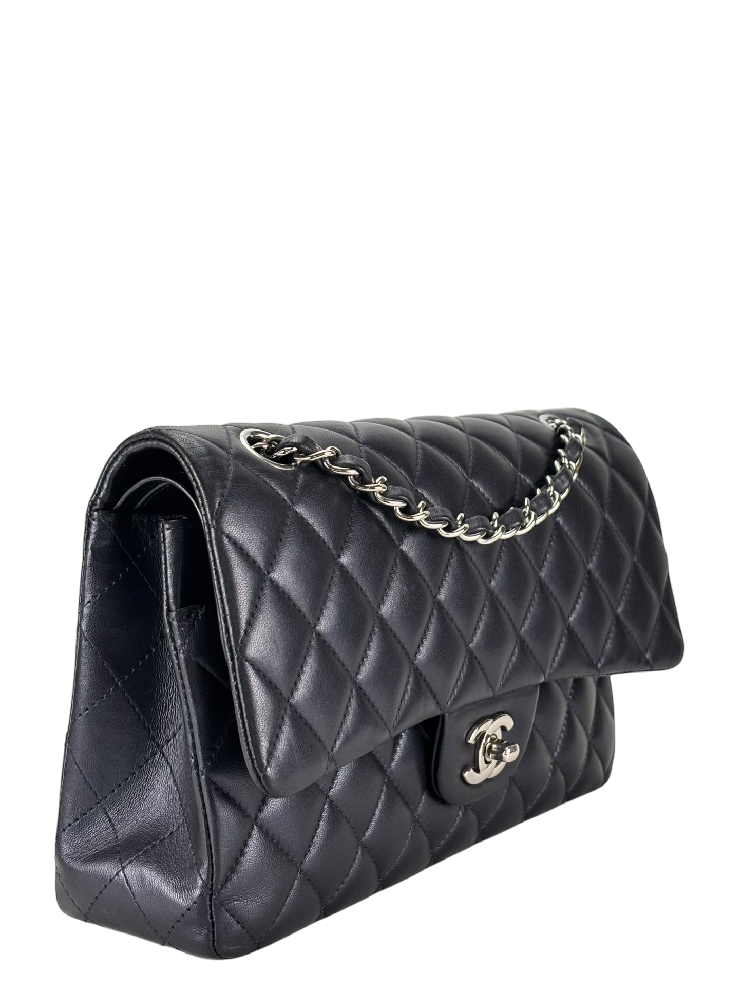 CHANEL - Medium Classic Double Flap Bag Navy Lambskin Sliver Hardware (CF25)