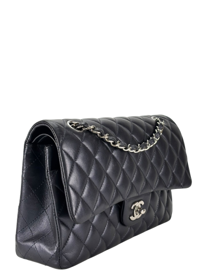 CHANEL - Medium Classic Double Flap Bag Navy Lambskin Sliver Hardware (CF25)