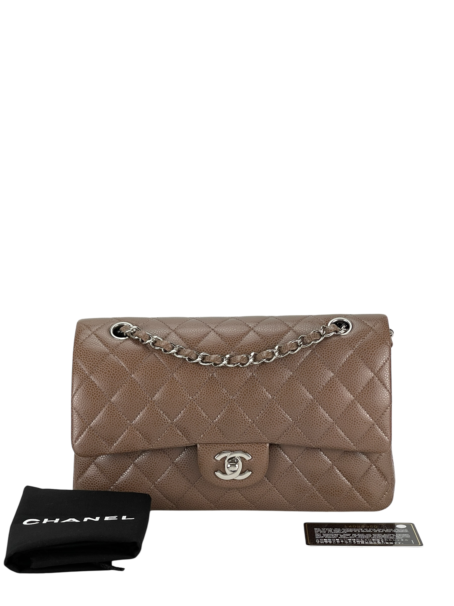 CHANEL - Medium Classic Double Flap Bag Brown Caviar Sliver Hardware (CF25)