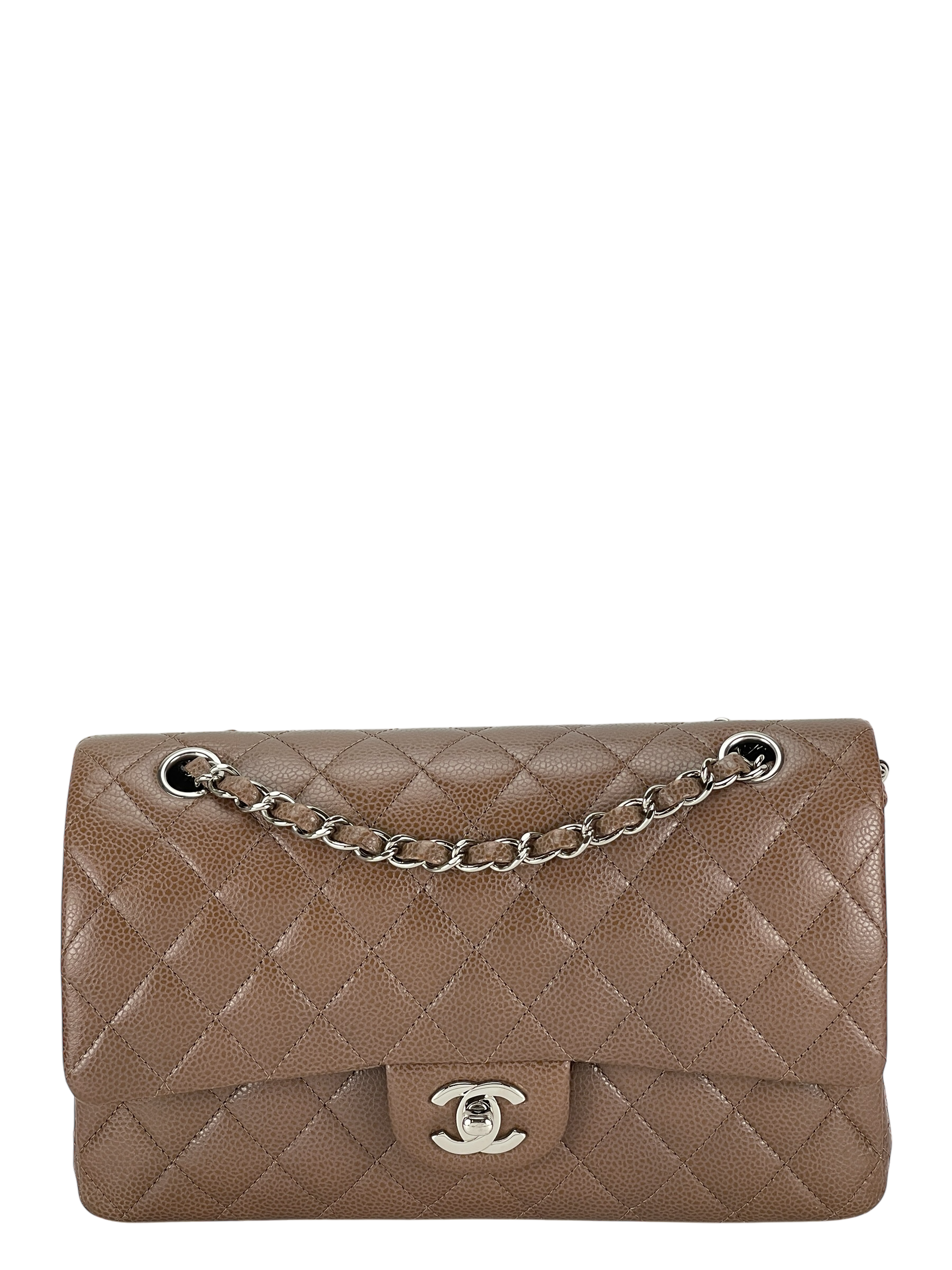 CHANEL - Medium Classic Double Flap Bag Brown Caviar Sliver Hardware (CF25)