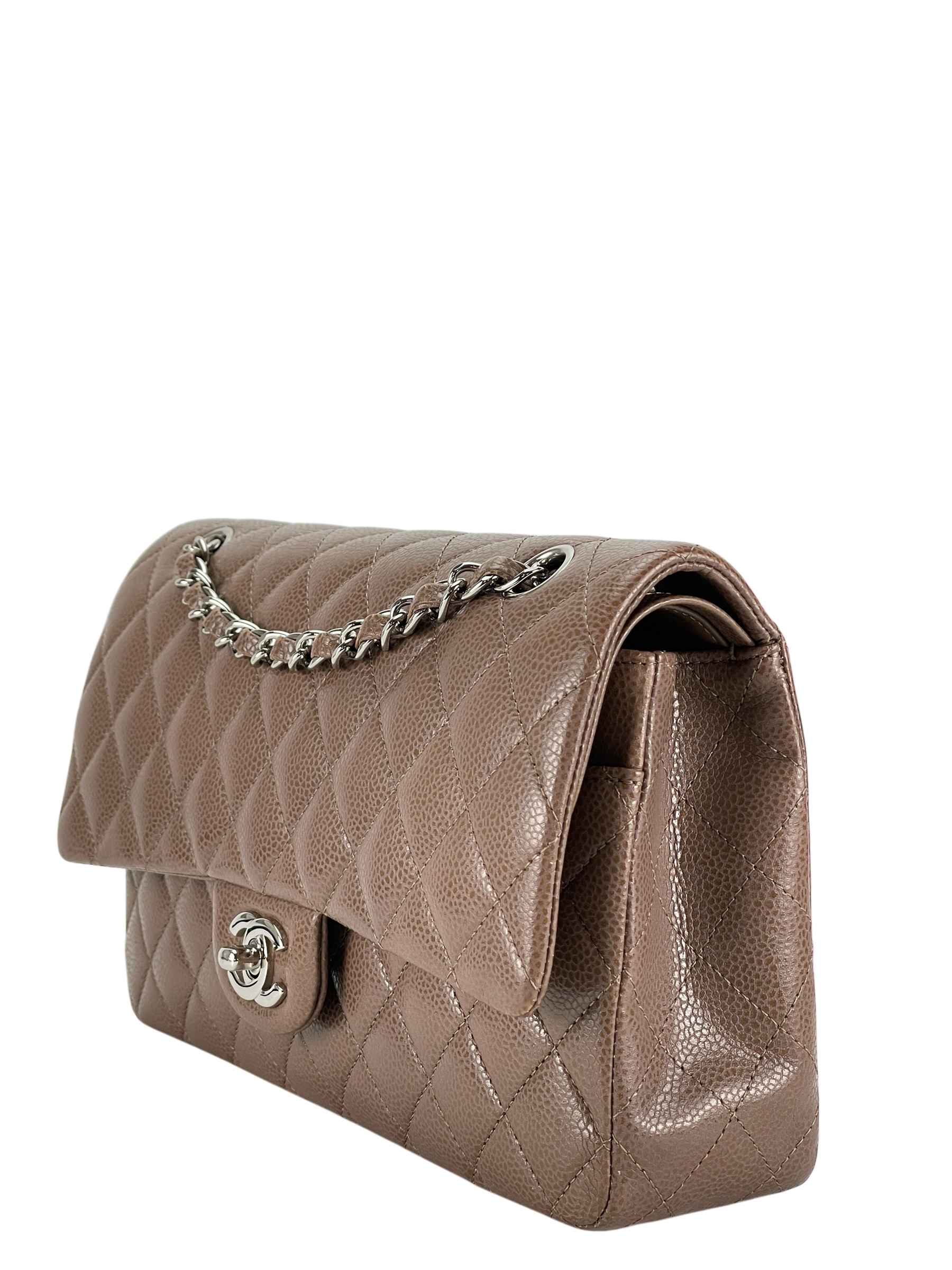 CHANEL - Medium Classic Double Flap Bag Brown Caviar Sliver Hardware (CF25)