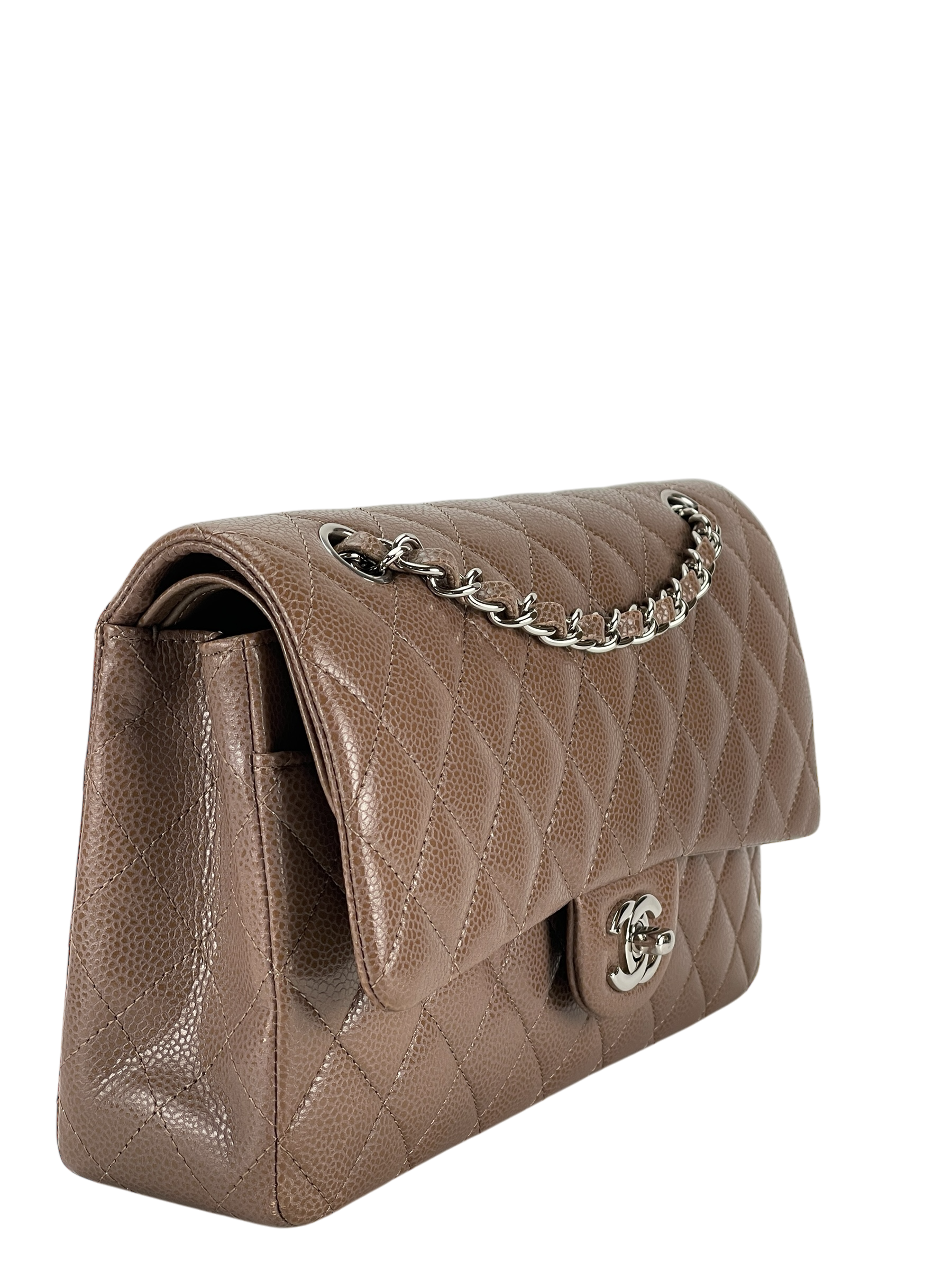 CHANEL - Medium Classic Double Flap Bag Brown Caviar Sliver Hardware (CF25)