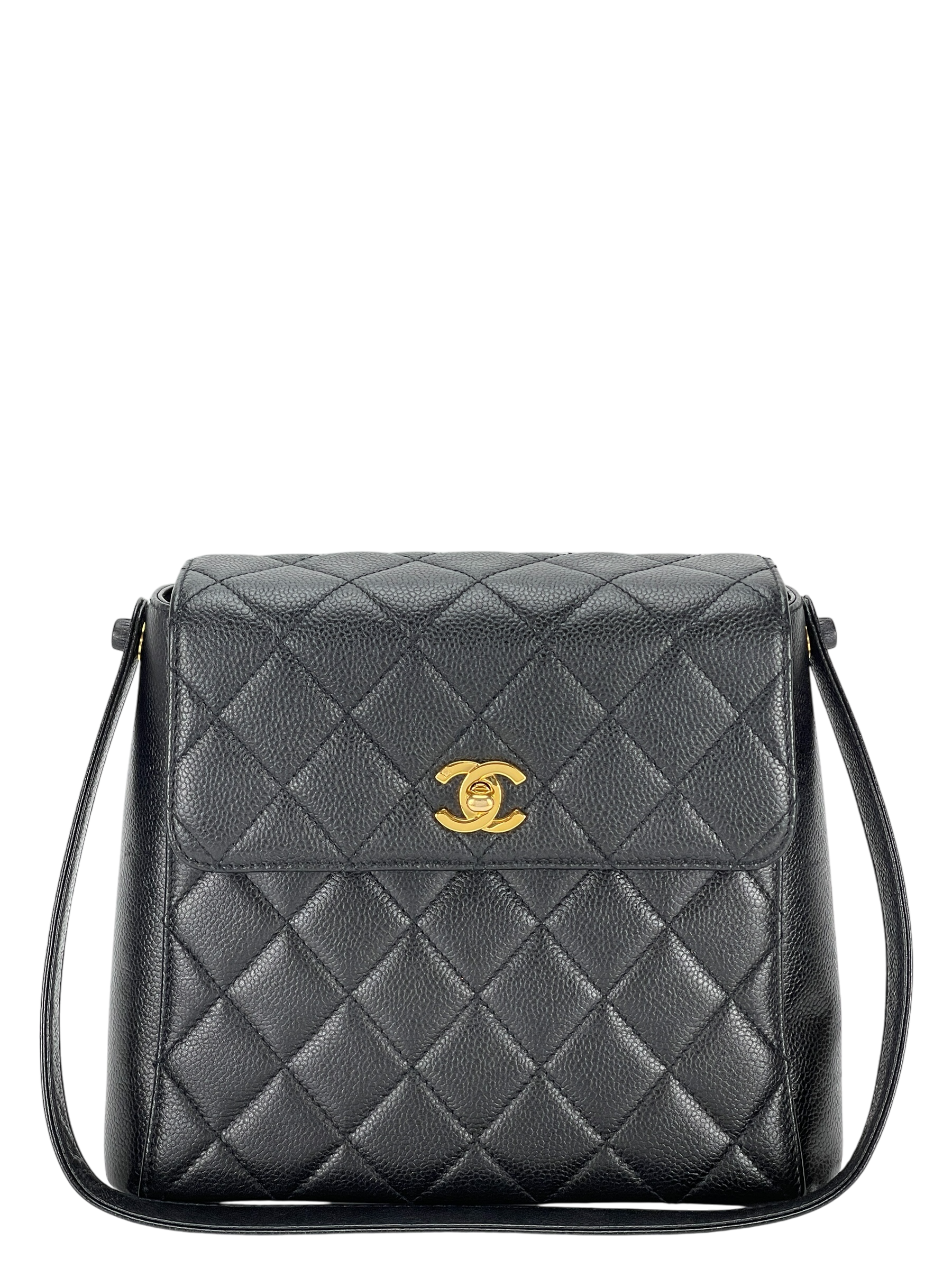 CHANEL - Black Caviar Matelasse Shoulder Bag Gold Hardware