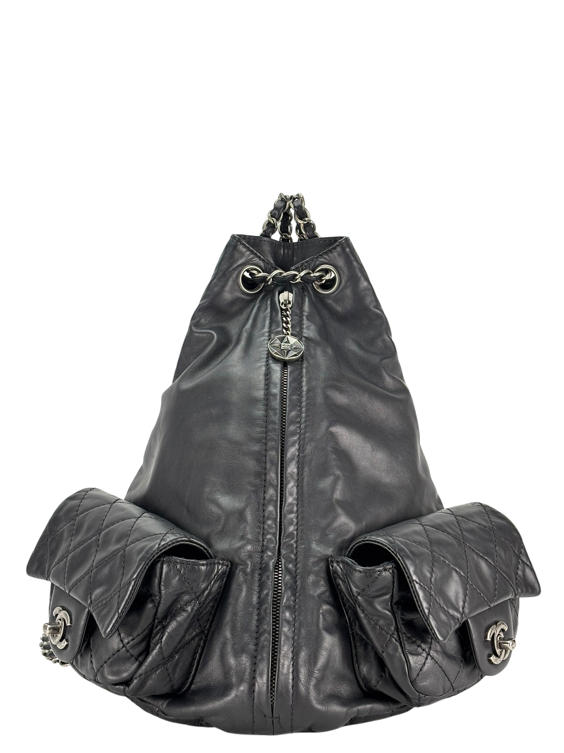 CHANEL - Black Lambskin Gunmetallic Hardware Matelasse Backpack 