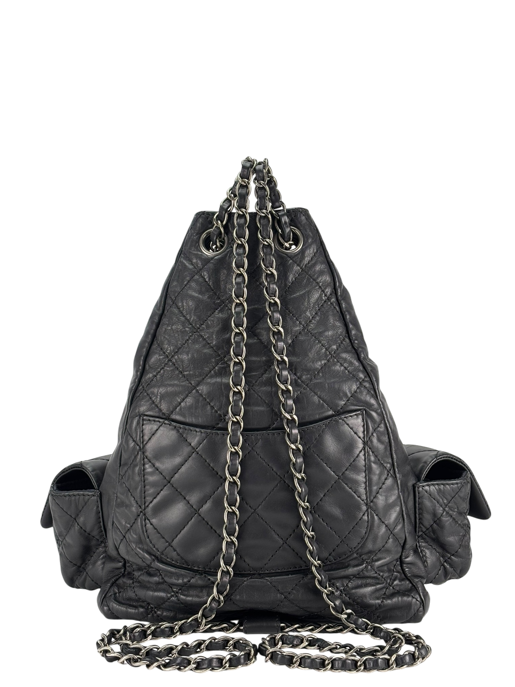 CHANEL - Black Lambskin Gunmetallic Hardware Matelasse Backpack 