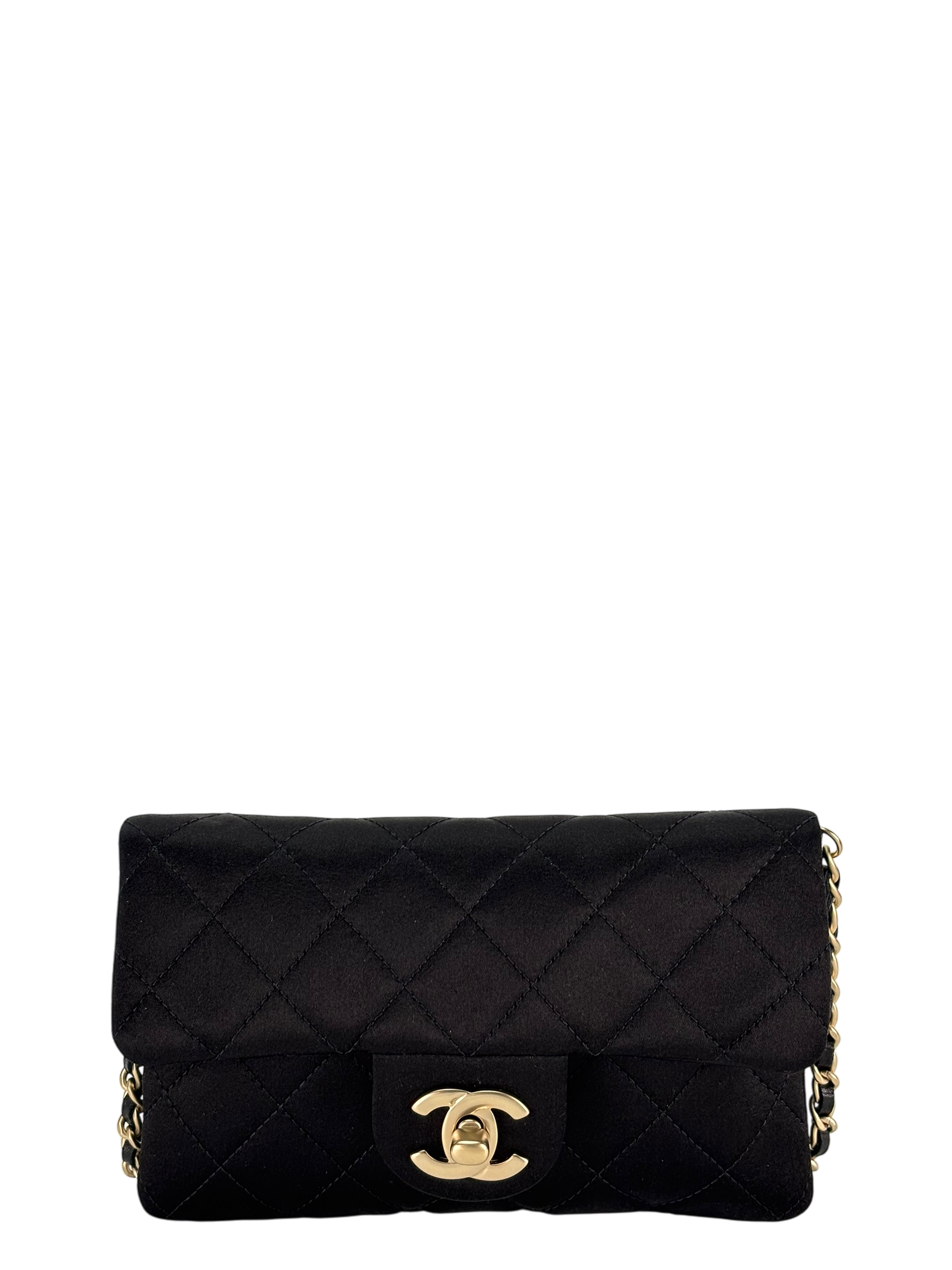 CHANEL - Mini Matelasse Satin Chain Shoulder Bag Pochette Black