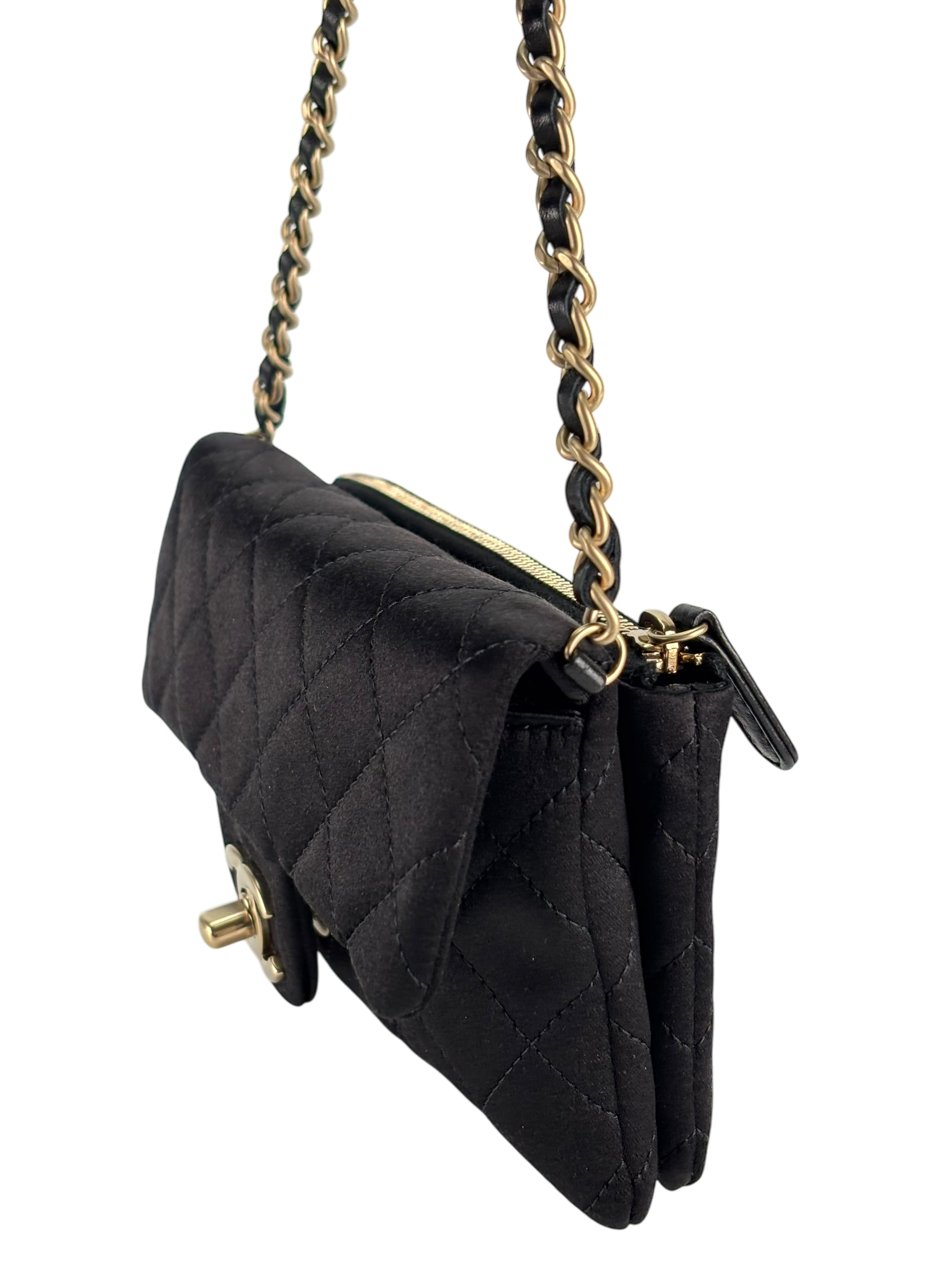 CHANEL - Mini Matelasse Satin Chain Shoulder Bag Pochette Black