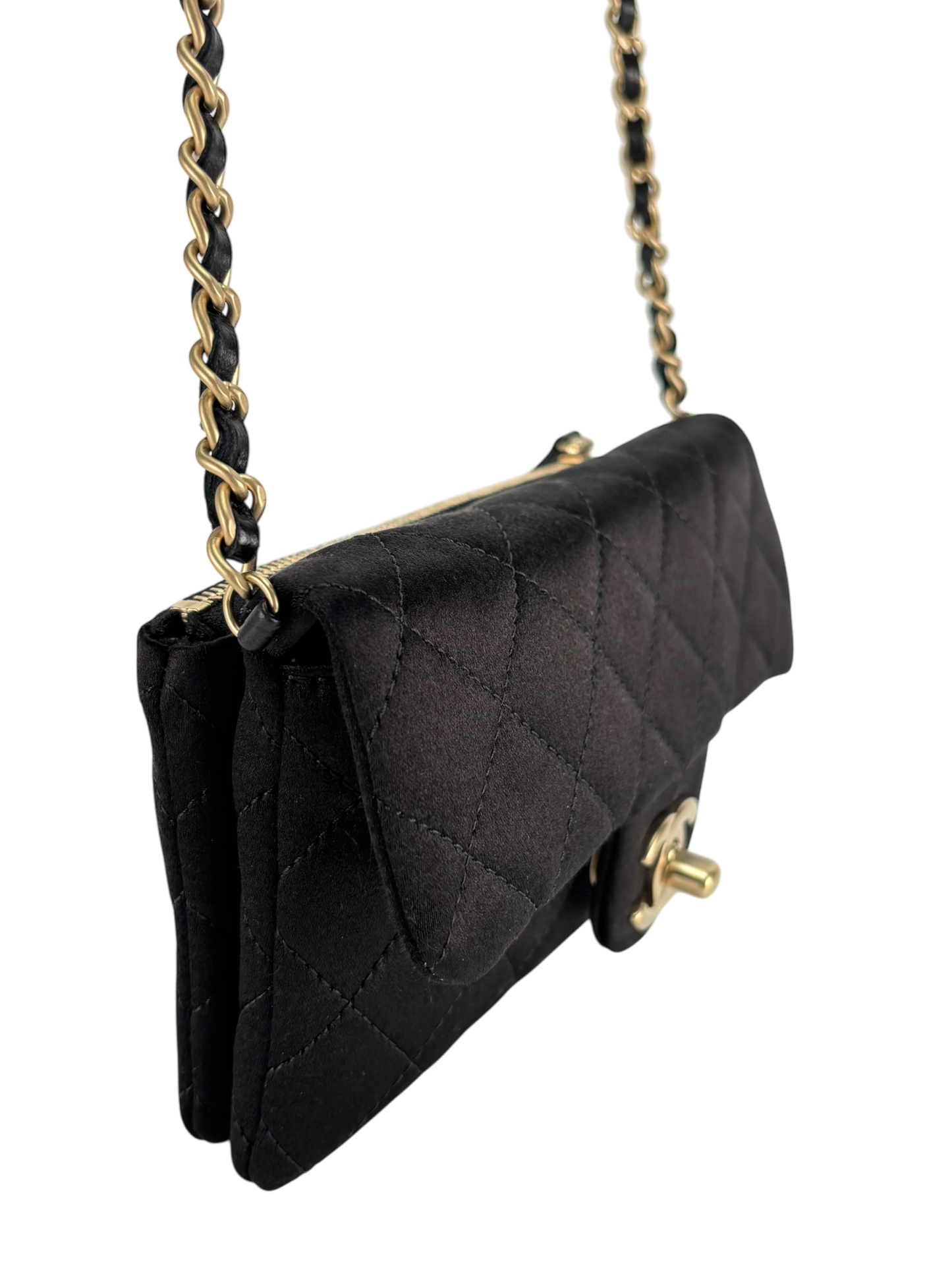CHANEL - Mini Matelasse Satin Chain Shoulder Bag Pochette Black