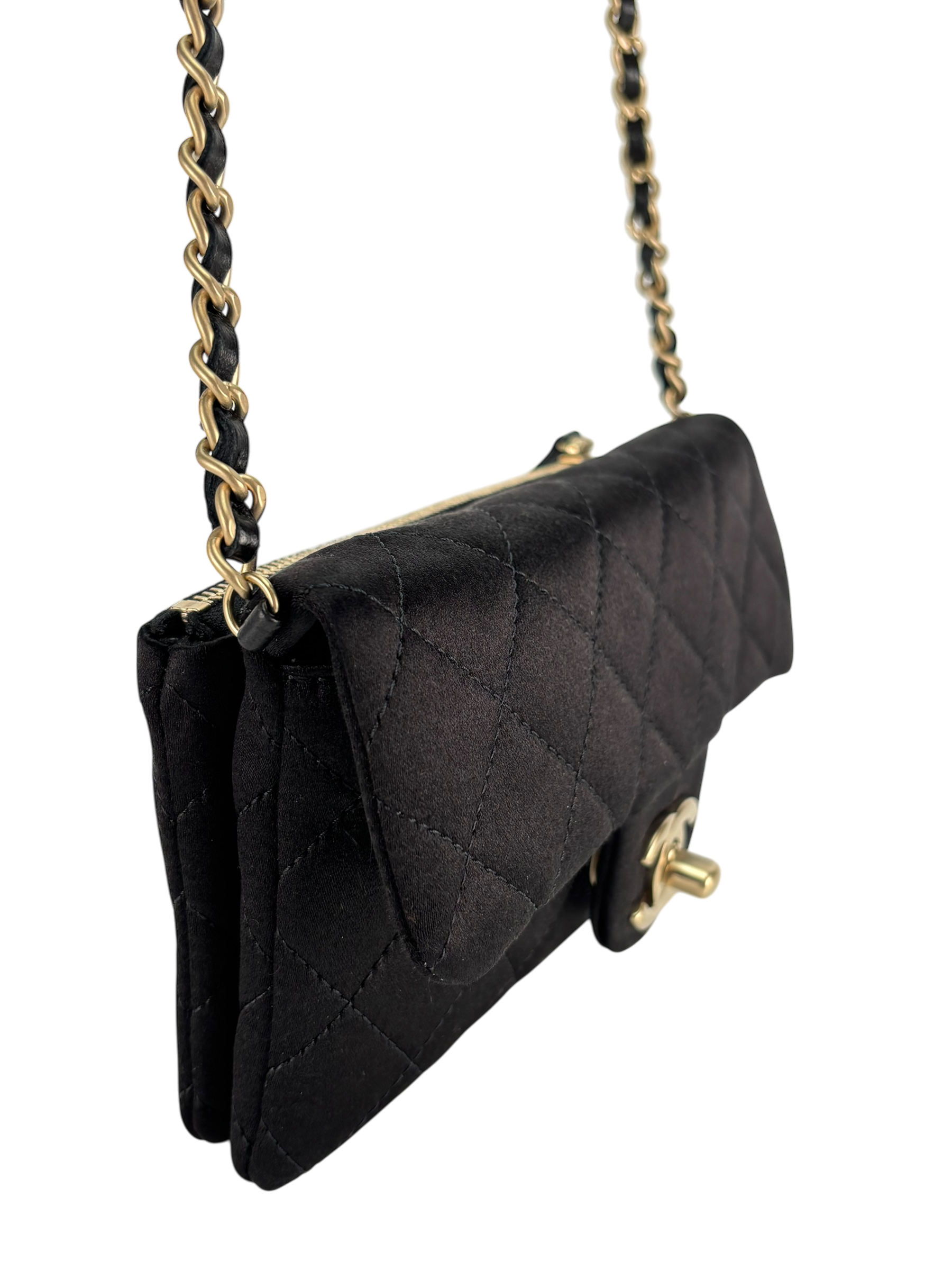 CHANEL - Mini Matelasse Satin Chain Shoulder Bag Pochette Black