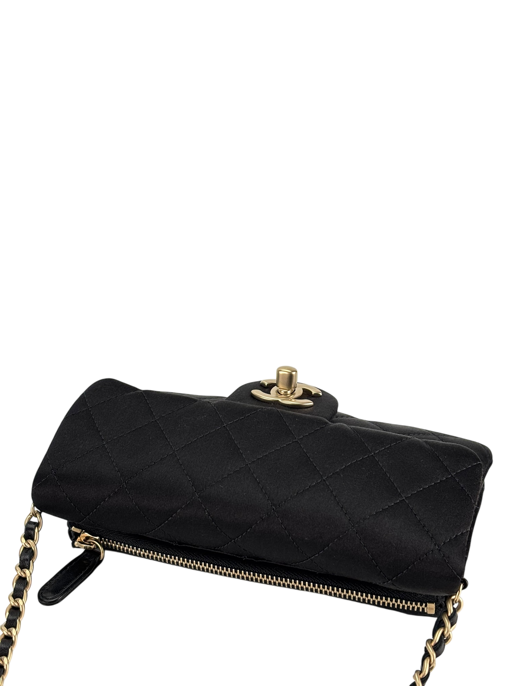 CHANEL - Mini Matelasse Satin Chain Shoulder Bag Pochette Black