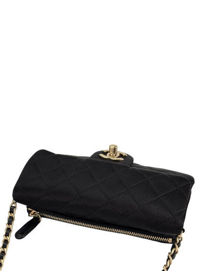 CHANEL - Mini Matelasse Satin Chain Shoulder Bag Pochette Black