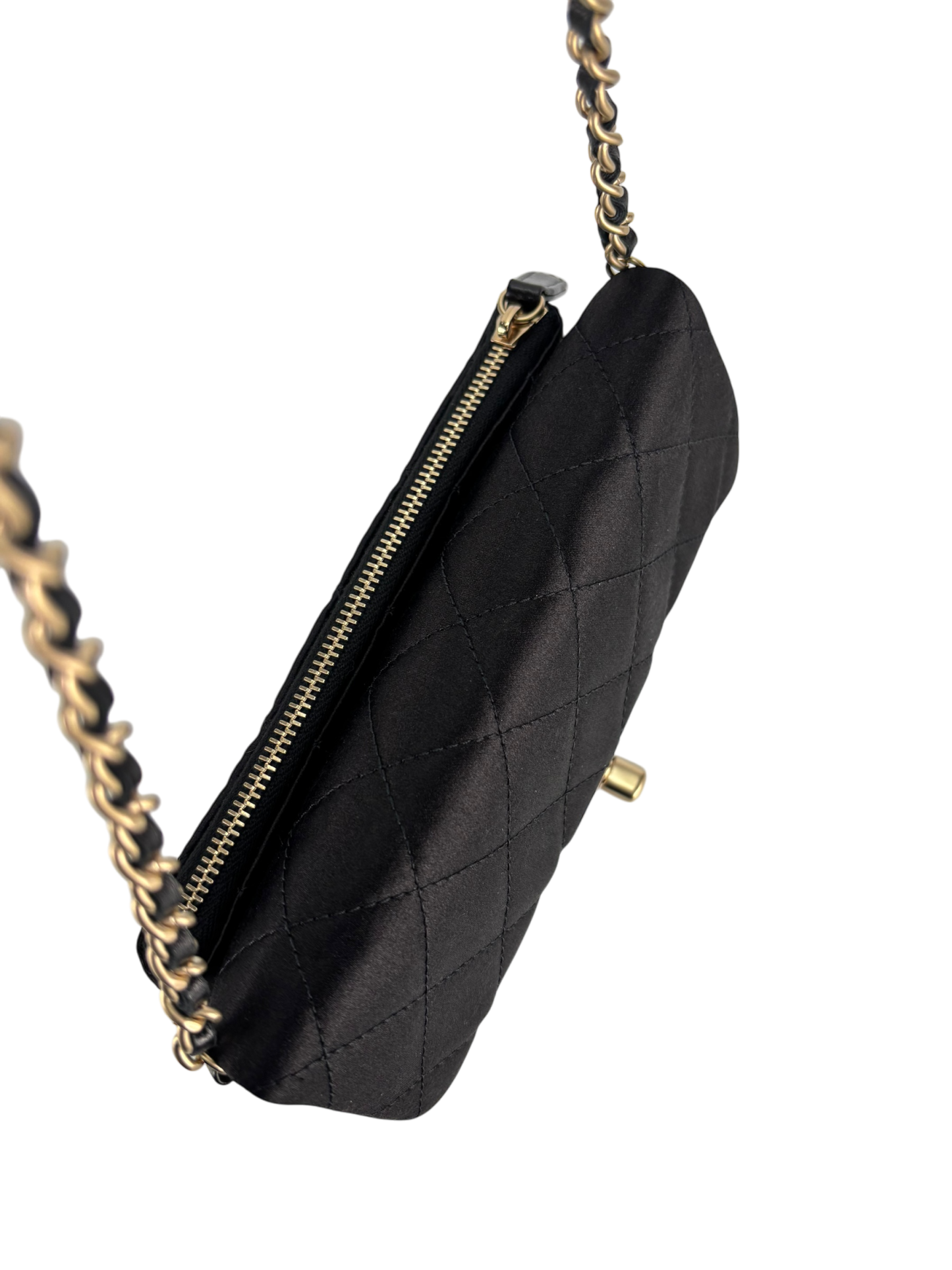 CHANEL - Mini Matelasse Satin Chain Shoulder Bag Pochette Black
